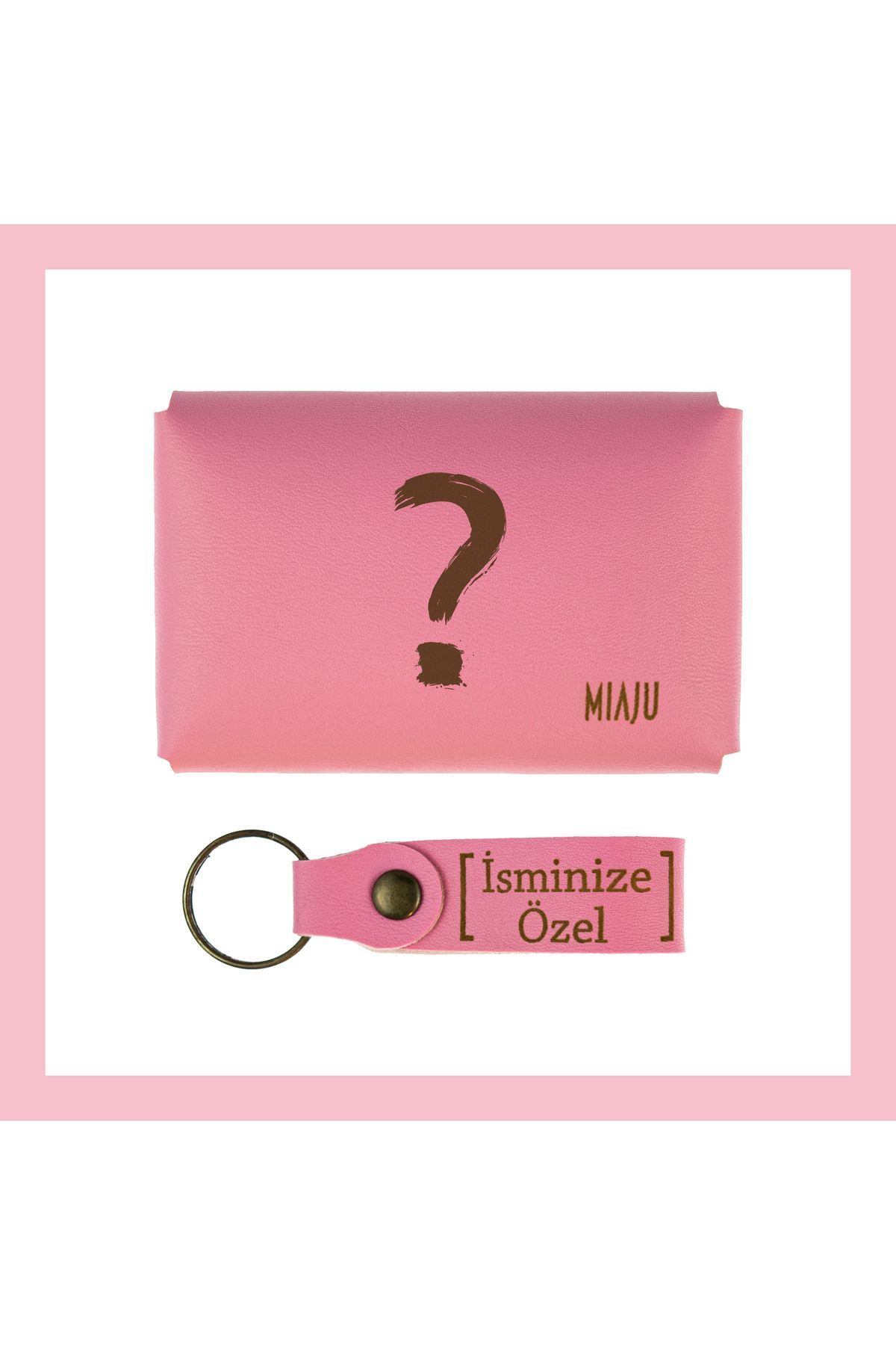 Asortishey-Pink Color, Question Mark Pattern, Name-Customized, Wallet and Keychain Set, Lovers' Sporty Set 3