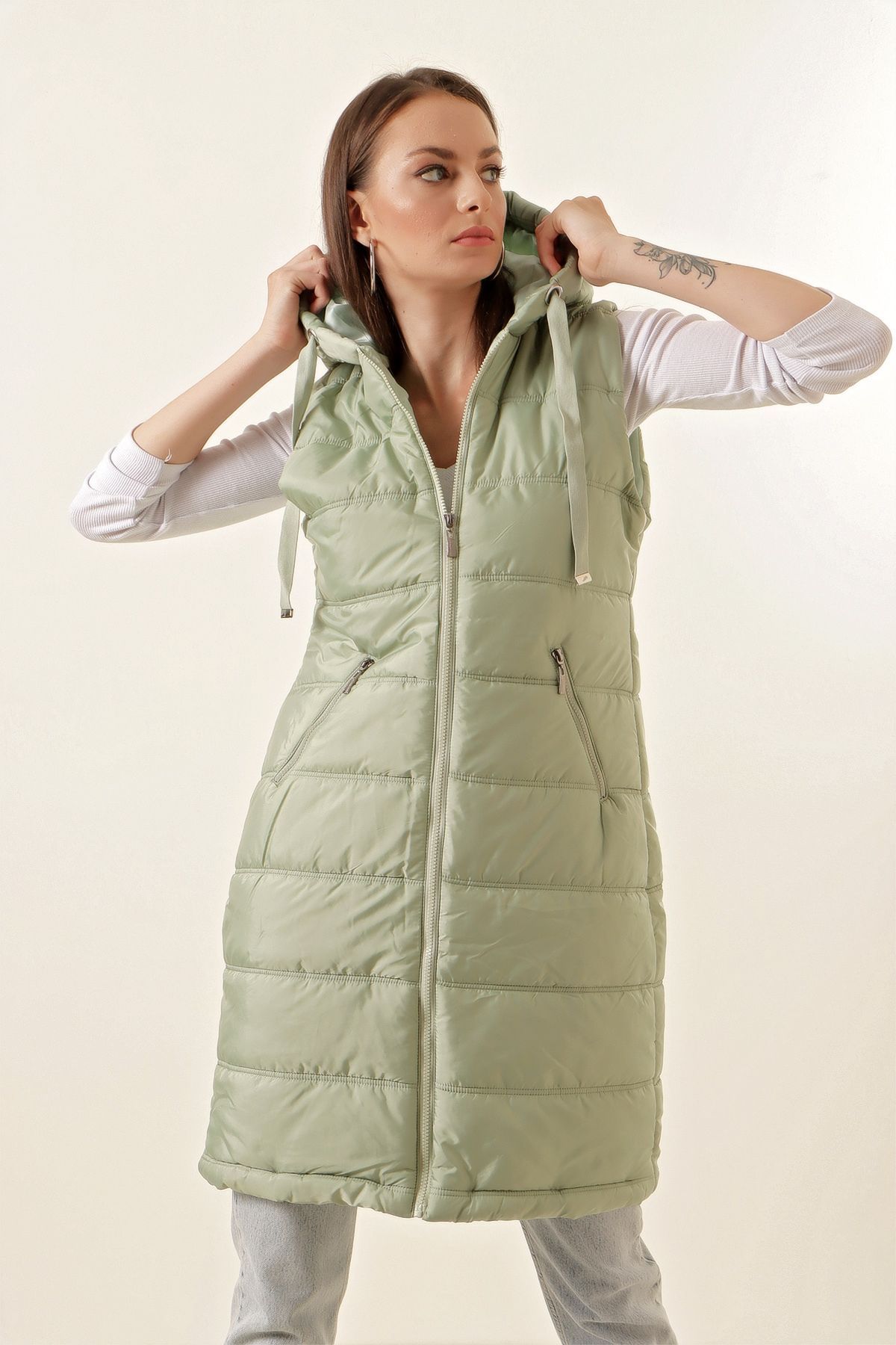 Bigdart-5140 Vestă pufă lungă cu glugă - verde 4