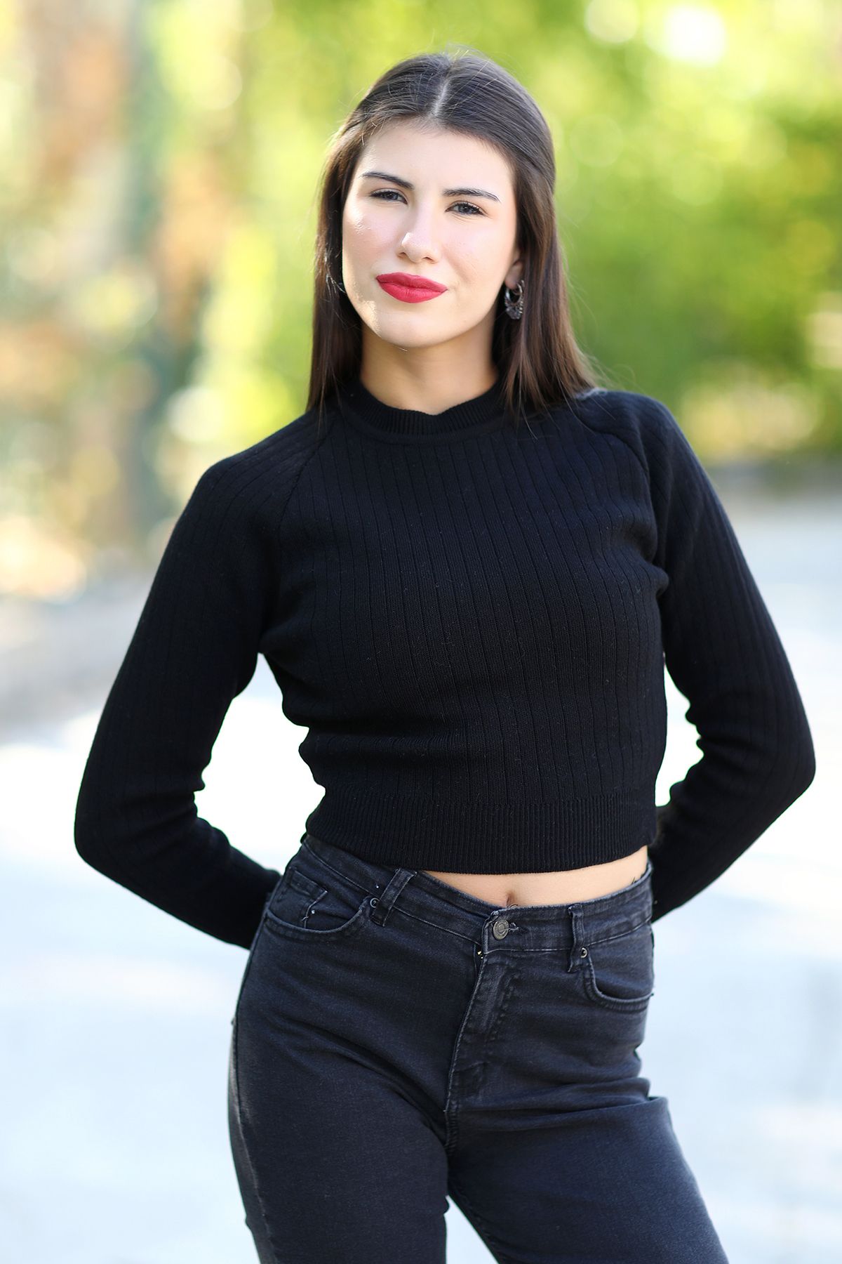 Women's Black Ribbed Crop Knitwear Sweater Short Model Acrylic Fabric with Rib - 3122