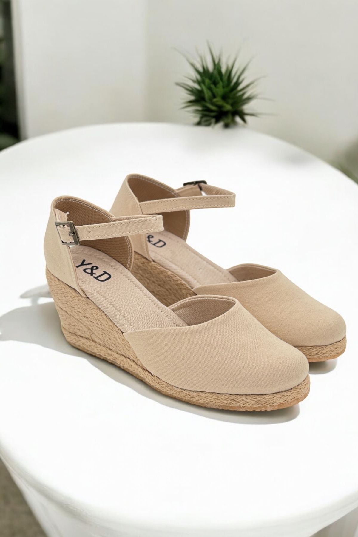 Y&D Shoes Dolgu Topuk Arkası Açık Keten Sandalet görsel 5