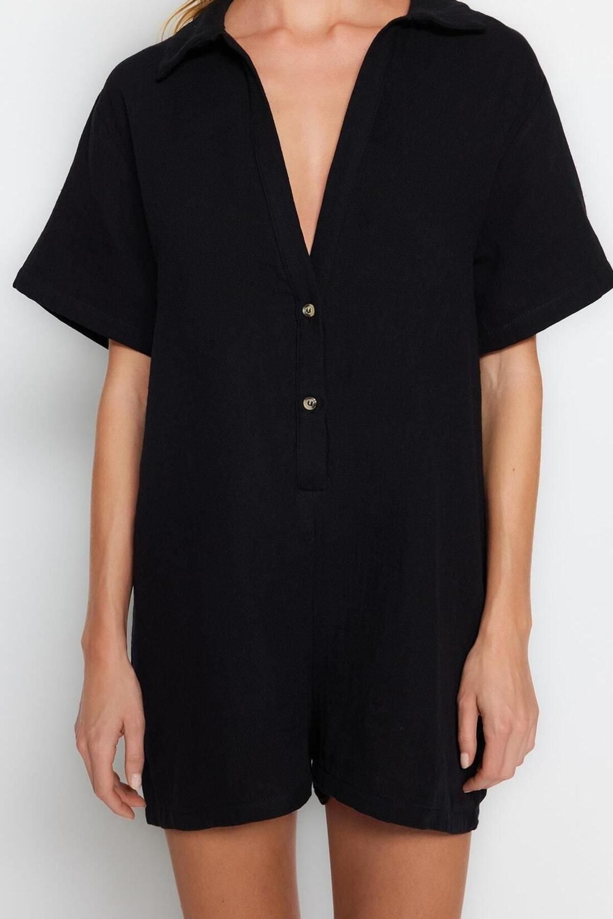 Kadın Moda Standart Kol Boru Paça Hakim Yaka Kısa Geniş Kalıp Dokuma Müslin 0 Pamuklu Tulum - Görsel 4