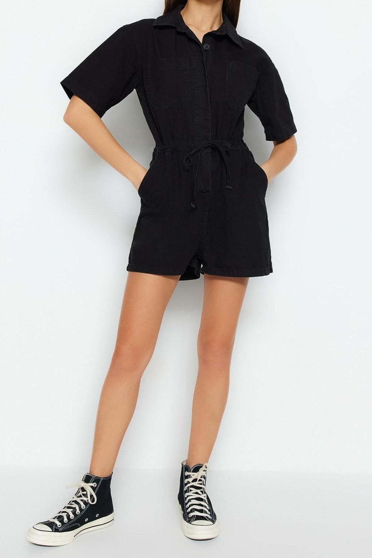 Kadın Moda Standart Kol Geniş Paça Gömlek Yaka Düz Desen Uzun Belden Bağlamalı Denim Tulum - Görsel 4