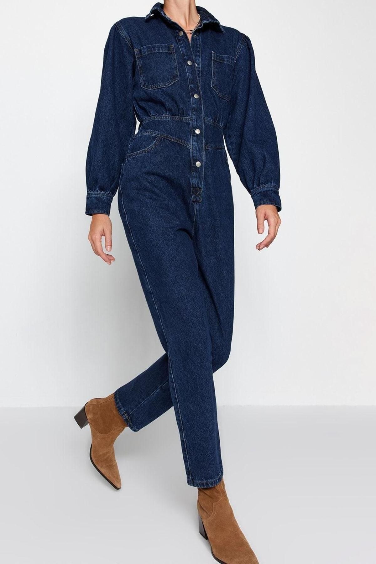 Kadın Moda Standart Kol Dar Paça Ceket Yaka Düz Desen Uzun Balon Kollu Denim Tulum - Görsel 3