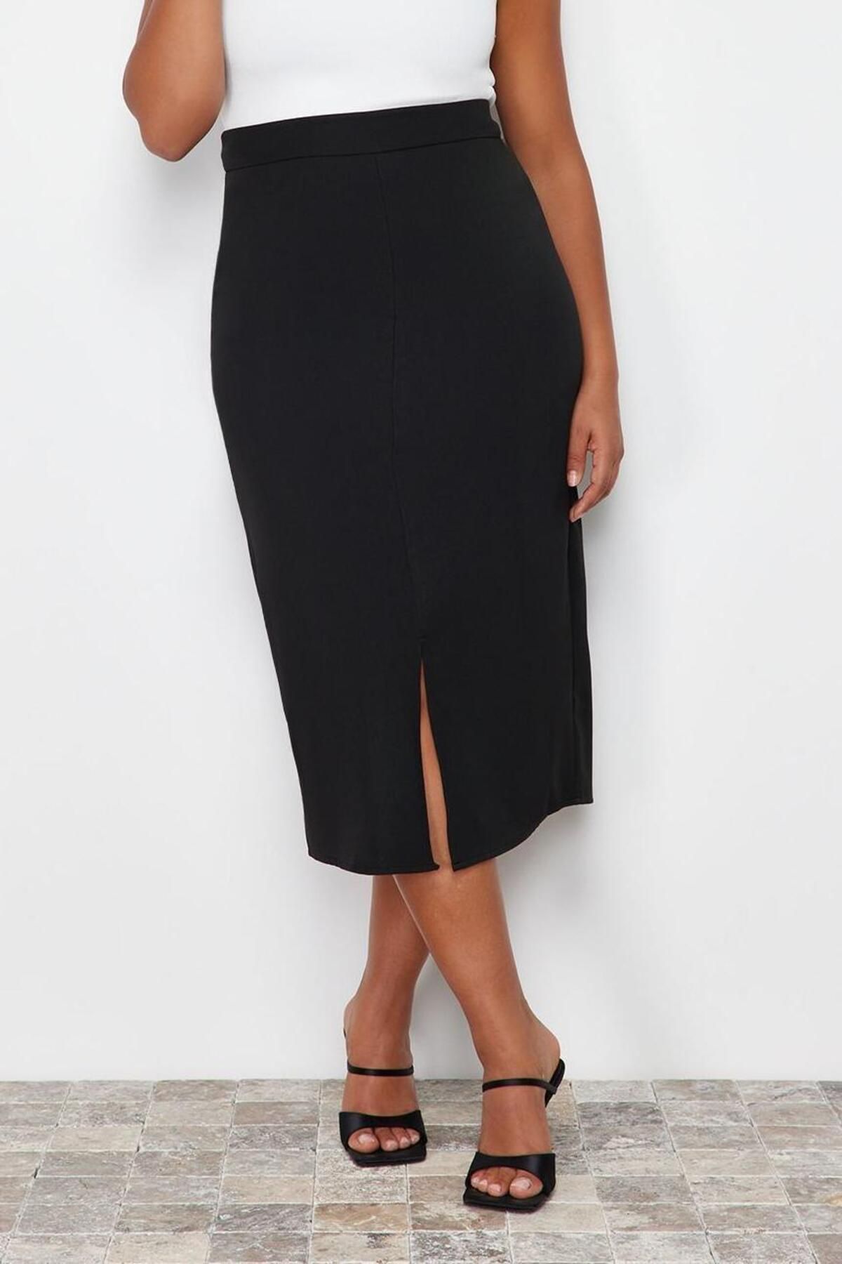 Moda Büyük Beden Regular Düz Desen Günlük Midi Boy Yüksek Bel Midi Dokuma Etek - Görsel 3