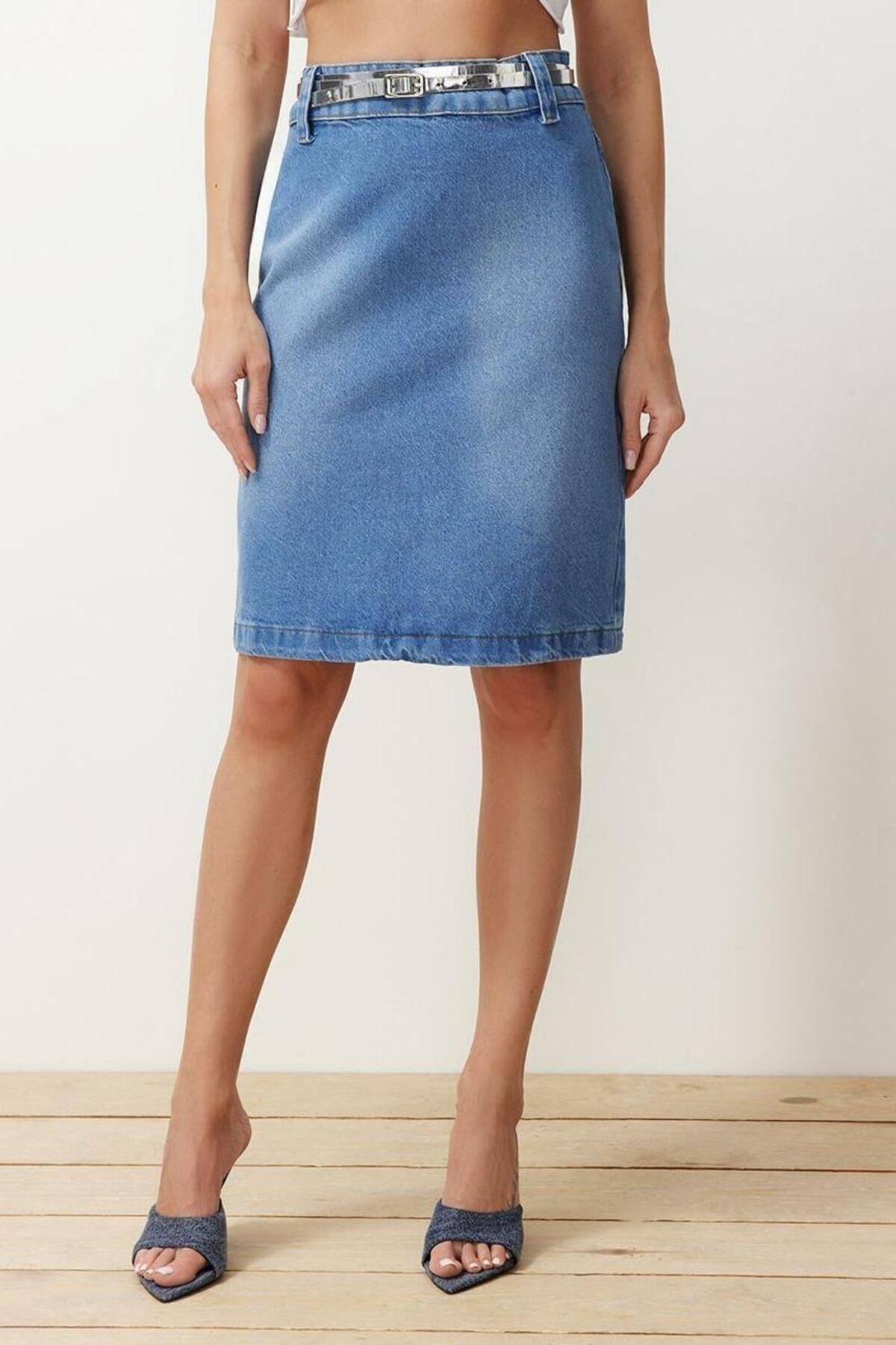 Moda Denim Düz Desen Günlük Midi Boy Yırtmaçlı Midi Denim Etek - Görsel 3