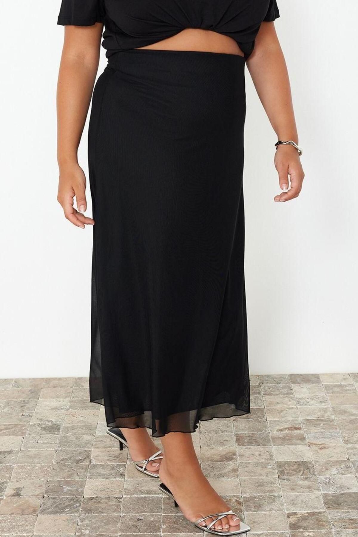 Moda Büyük Beden Regular Düz Desen Günlük Midi Boy Astarlı Tül Maxi Örme Etek - Görsel 4