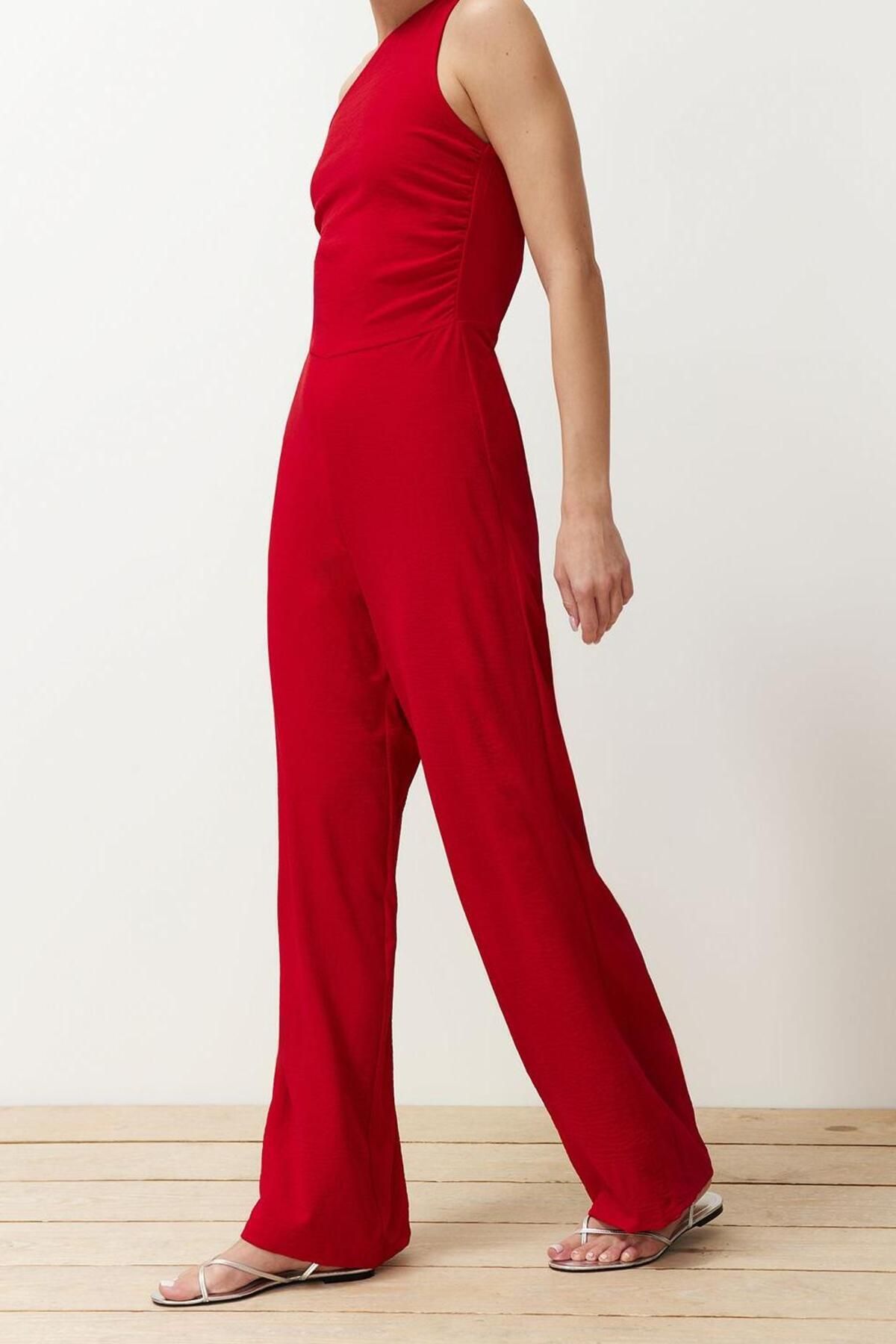 Kadın Moda Tek Kol Boru Paça Asimetrik Yaka Düz Desen Uzun Tek Omuz Maxi Geniş Paça Dokuma Tulum - Görsel 3