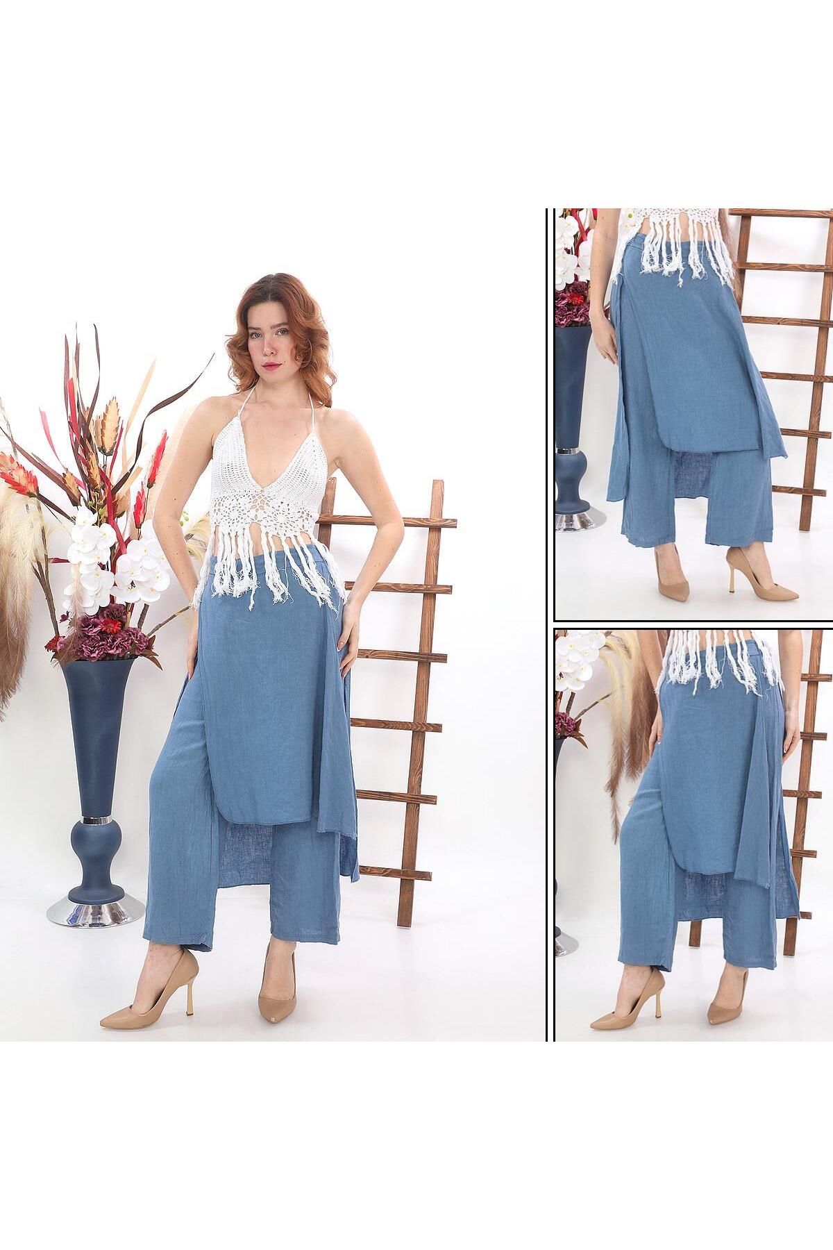 Bohem Stil-Fustă cu pantaloni din in brut italian 6