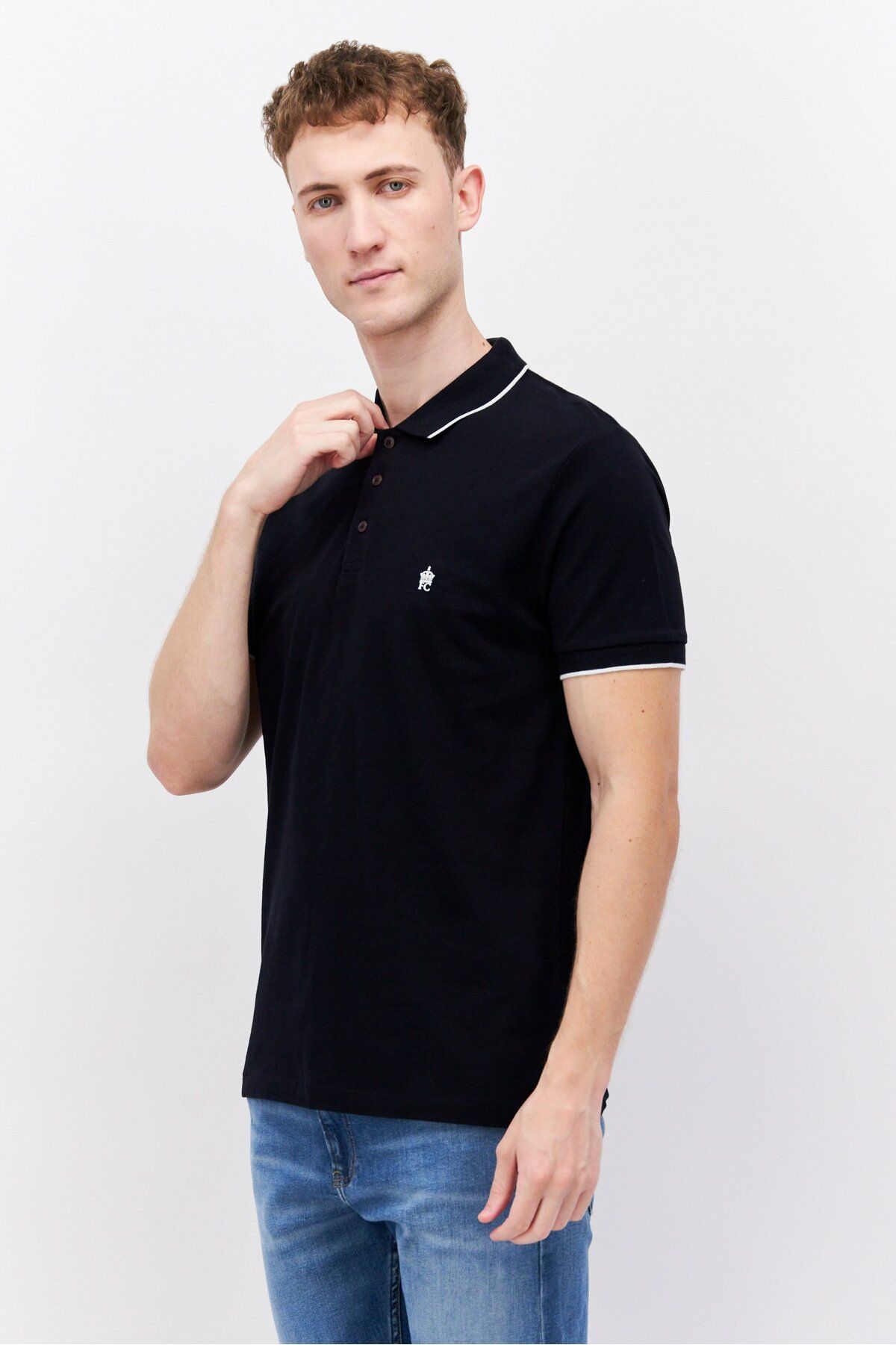 French Connection-Men Regular Fit Brand Logo Short Sleeve Polo Shirts, Marine/White 4