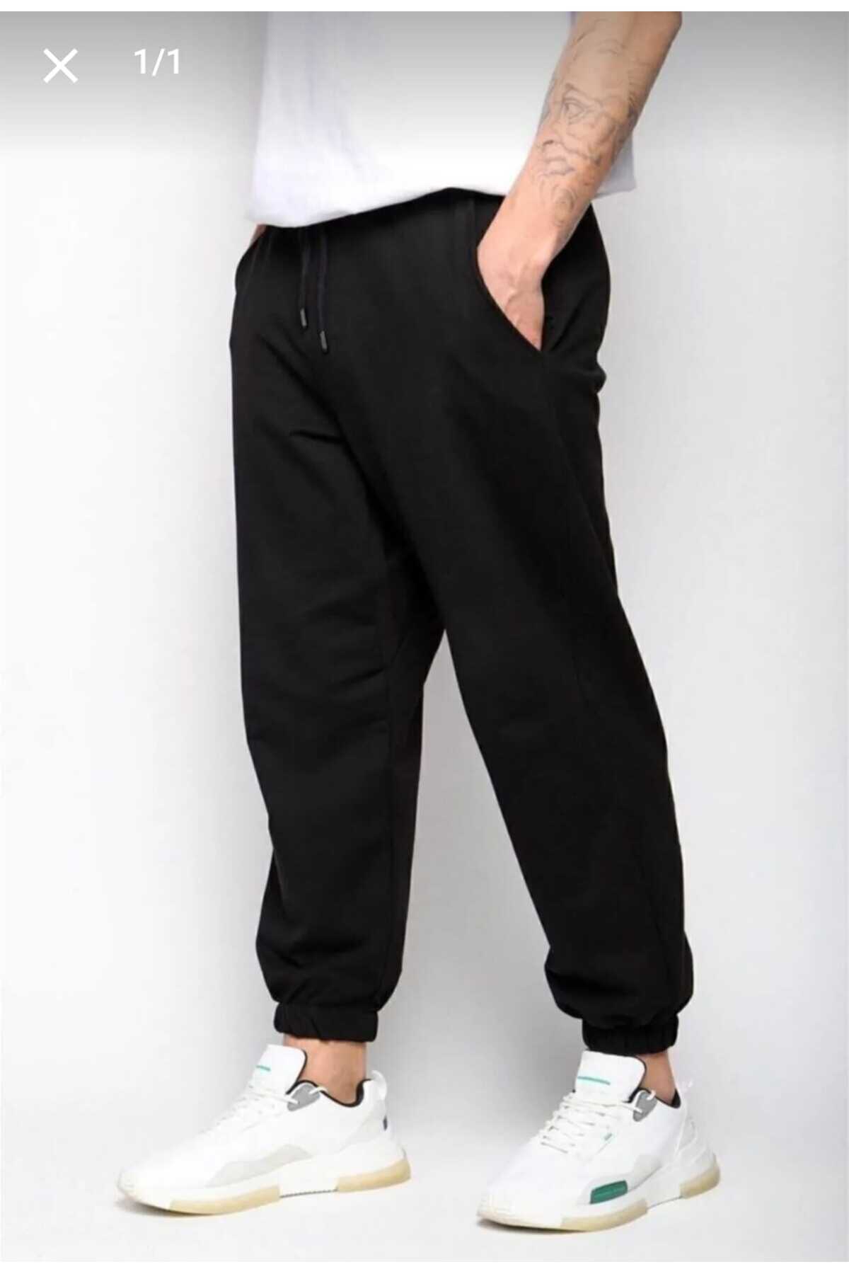 UYN SPORT Siyah Unisex  Oversize-Jogger Paça Rahat Giyim Eşofman Alt-Paça Lastikli