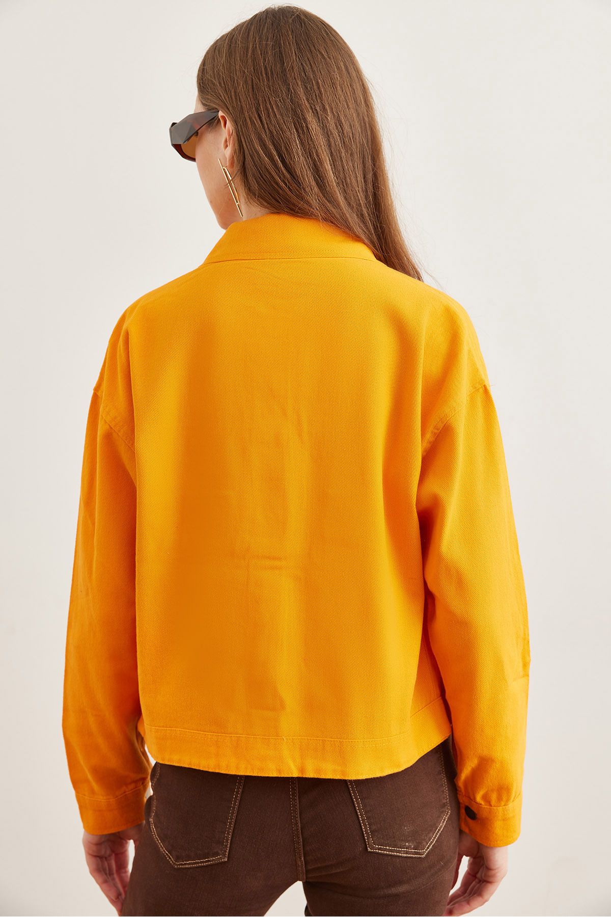 Olalook-Orangefarbene Crop-Baumwolljacke – CKT mit Taschen und Knopfdetail – 19000383 5