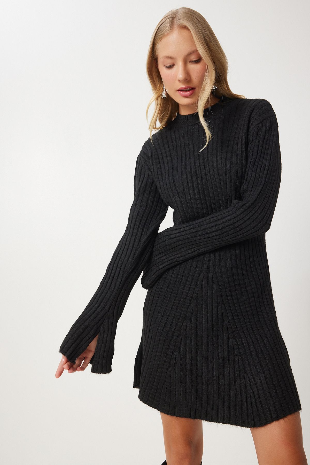 robe noire en tricot côtelé pour femmes kb00039