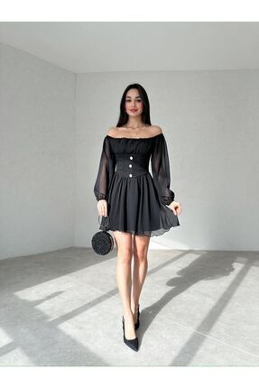 popibutik Düğme Detaylı Mini Şifon Elbise