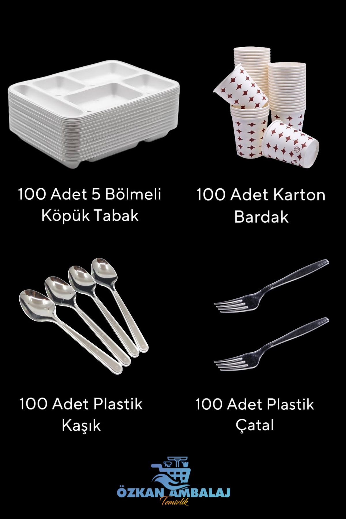 Özkan Ambalaj Temizlik 5 Gözlü Tabldot Köpük Tabak - Plastik Çatal,kaşık-karton Bardak