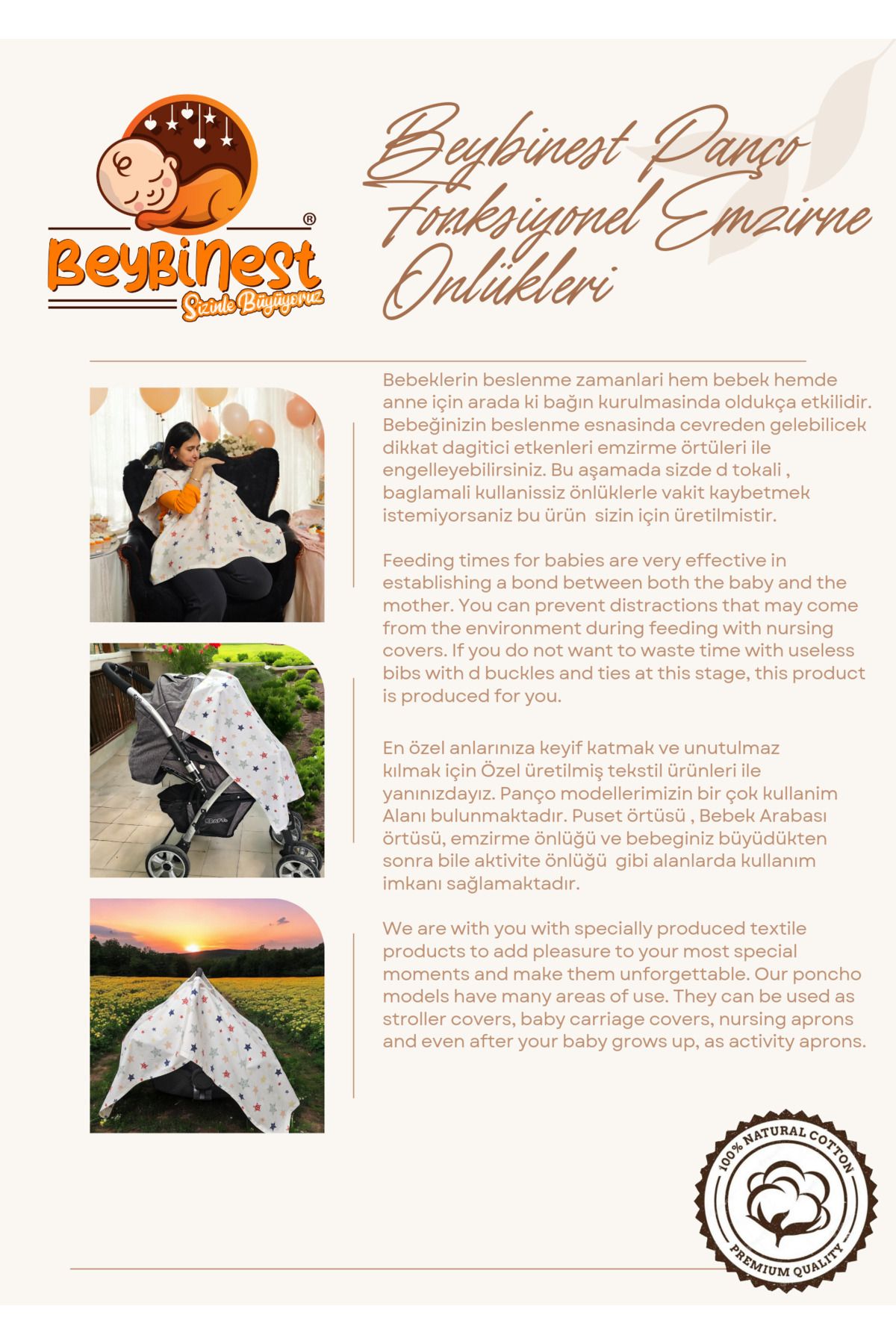 BeybiNest Fonksiyonel Panço Emzirme Örtüsü Puset Örtüsü Bebek Arabası Örtüsü  Pembe Yıldızlar fotoğrafı 3 (önizleme)