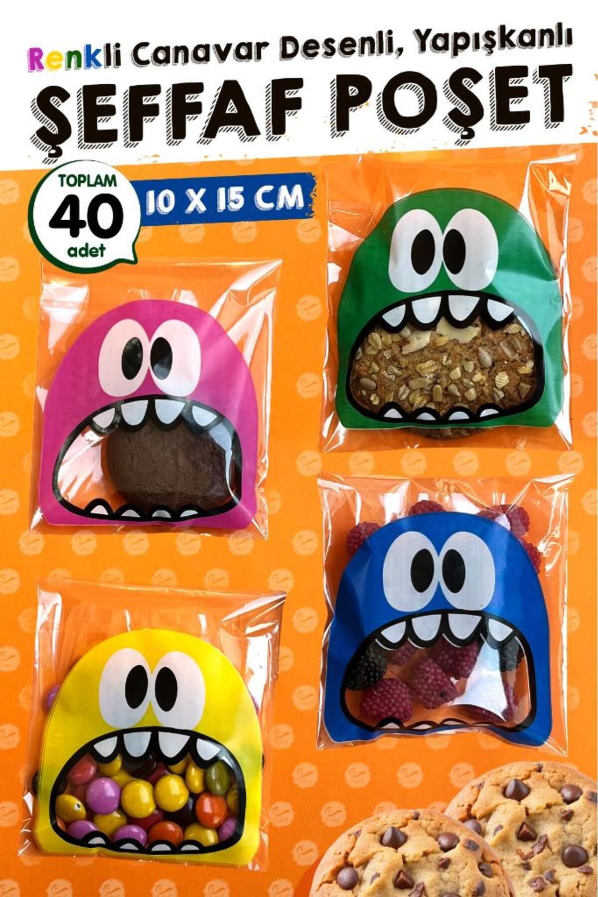 t tuğset etiket-Monster Patterned Bag with Transparent Tape - 10X15 Cm, 40 Pieces-T1063 1