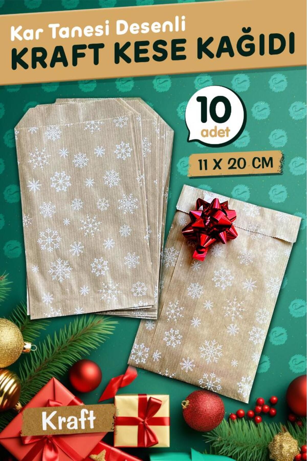 t tuğset etiket Kar Tanesi Desenli Kese Kağıdı, Kraft 11x20cm - 10 Adet-T1062