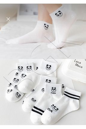 REYNBOO SOCKS 5 Çift Kadın Beyaz Renkli Panda Desenli Yıkamalı Yarım Patik Çorap