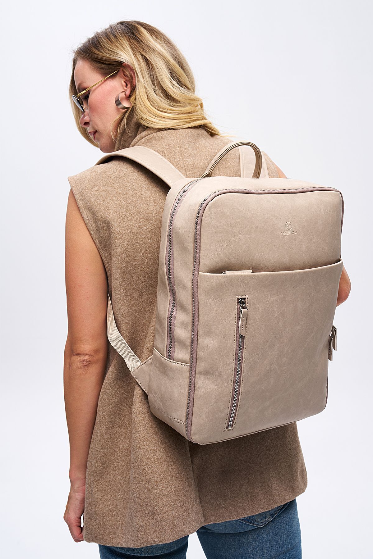 Organizer Premium Deri Sırt Laptop Çantası Unisex Crazy Bej