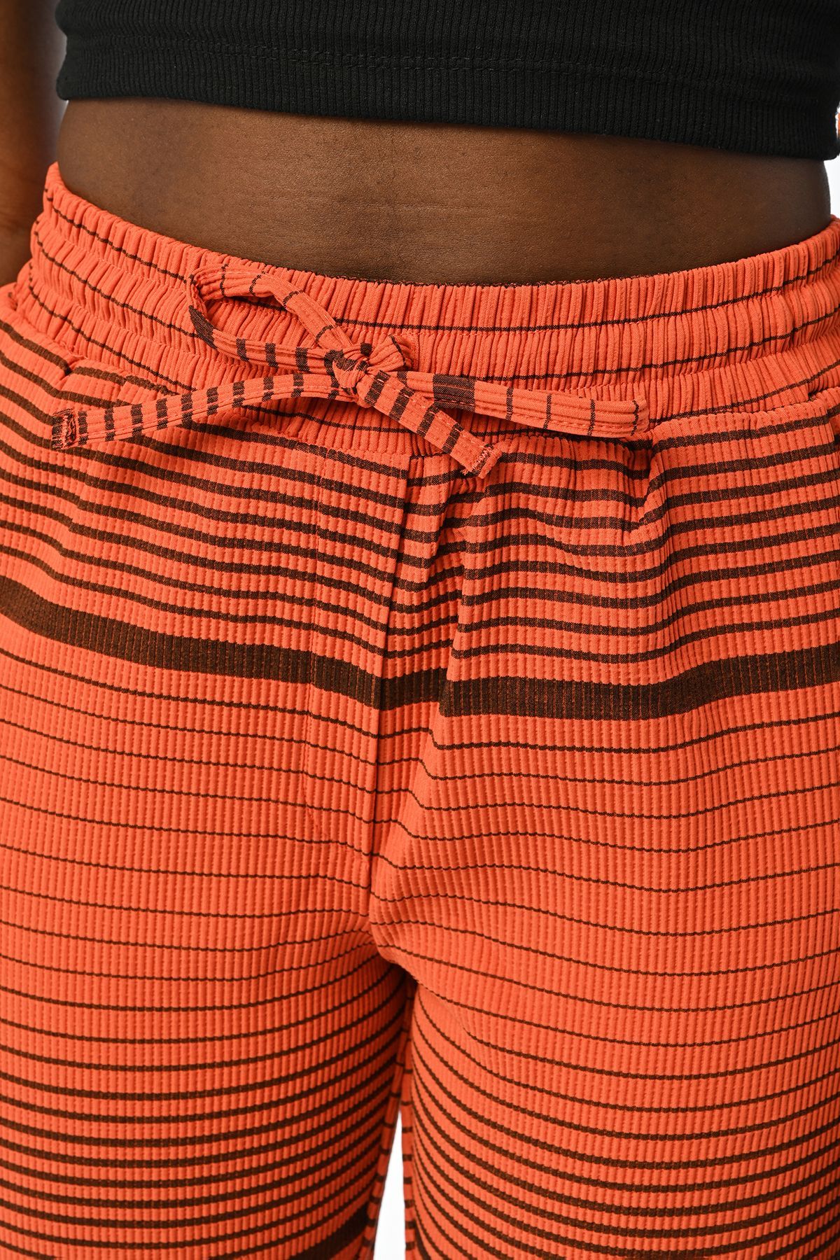 Orfeo Negro-Horizontal Line Patterned Comfortable Trousers with Elastic Waist 2