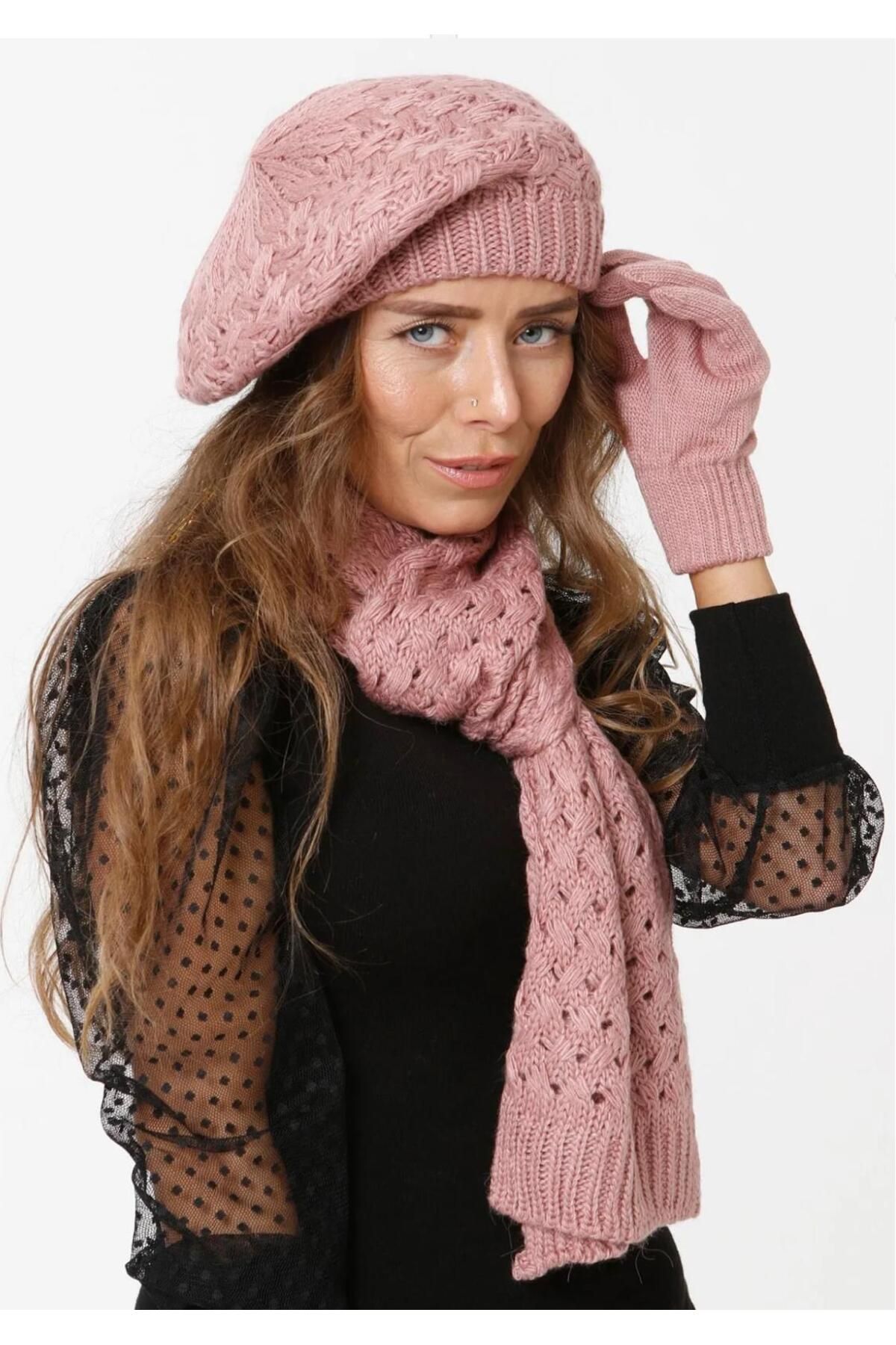 Wearflawless Kadın Kışlık Ressam 3'lü Set Atkı, Bere ve Eldiven Takımı