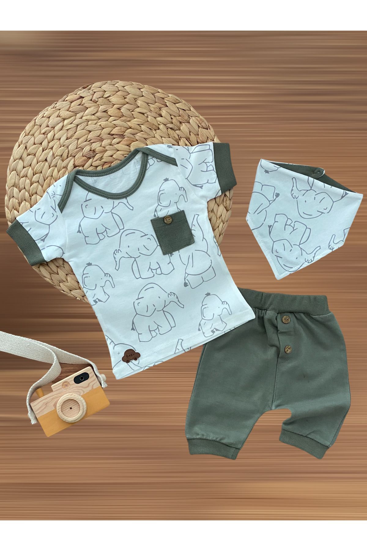 Murat Baby ست شلوارک جیبی با چاپ فیل بچه های شاد ما سبز