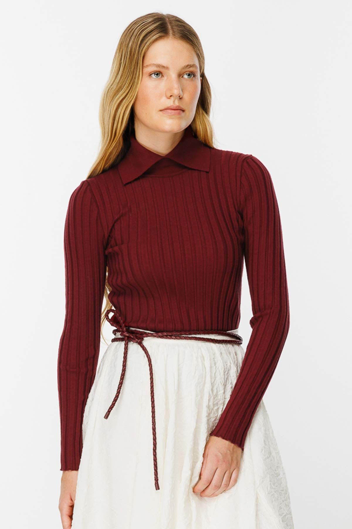 Hooopstore Lastik Örgü Pamuklu Bordo Triko Body