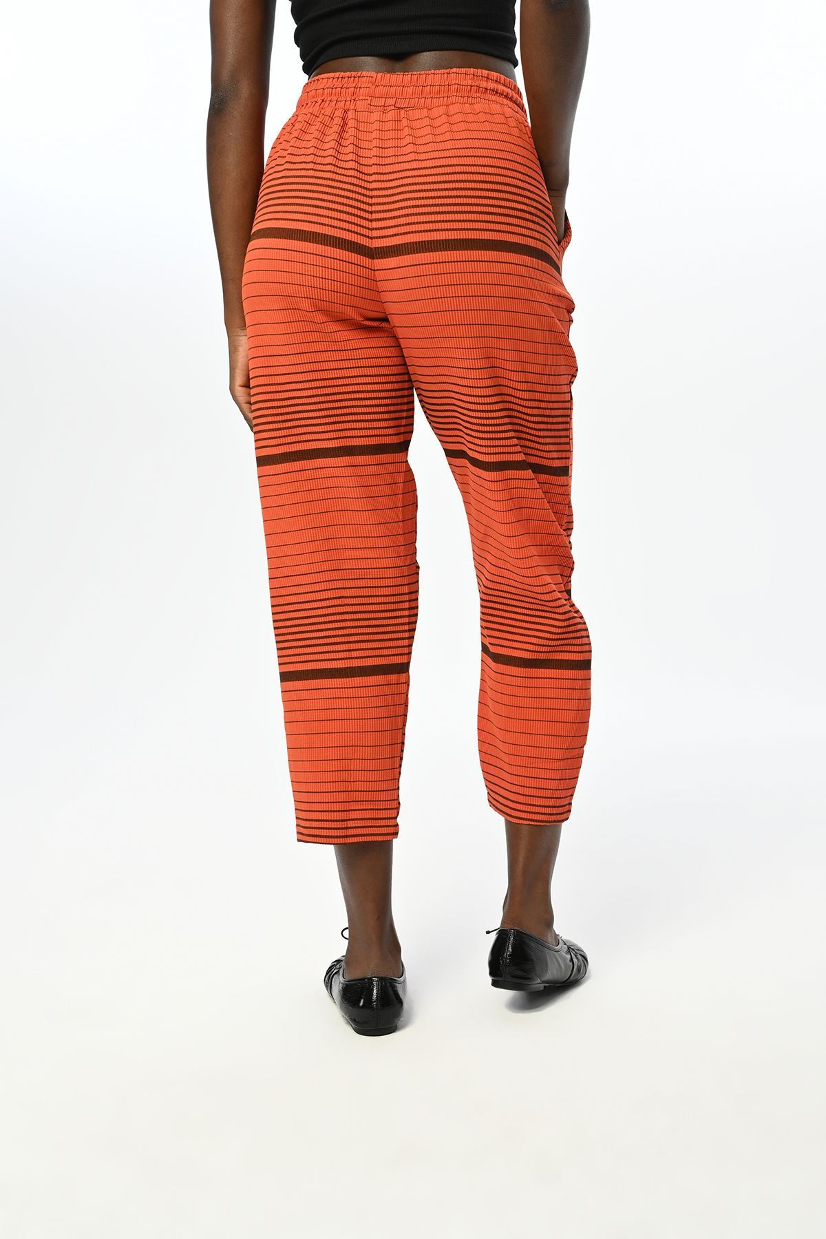 Orfeo Negro-Horizontal Line Patterned Comfortable Trousers with Elastic Waist 3