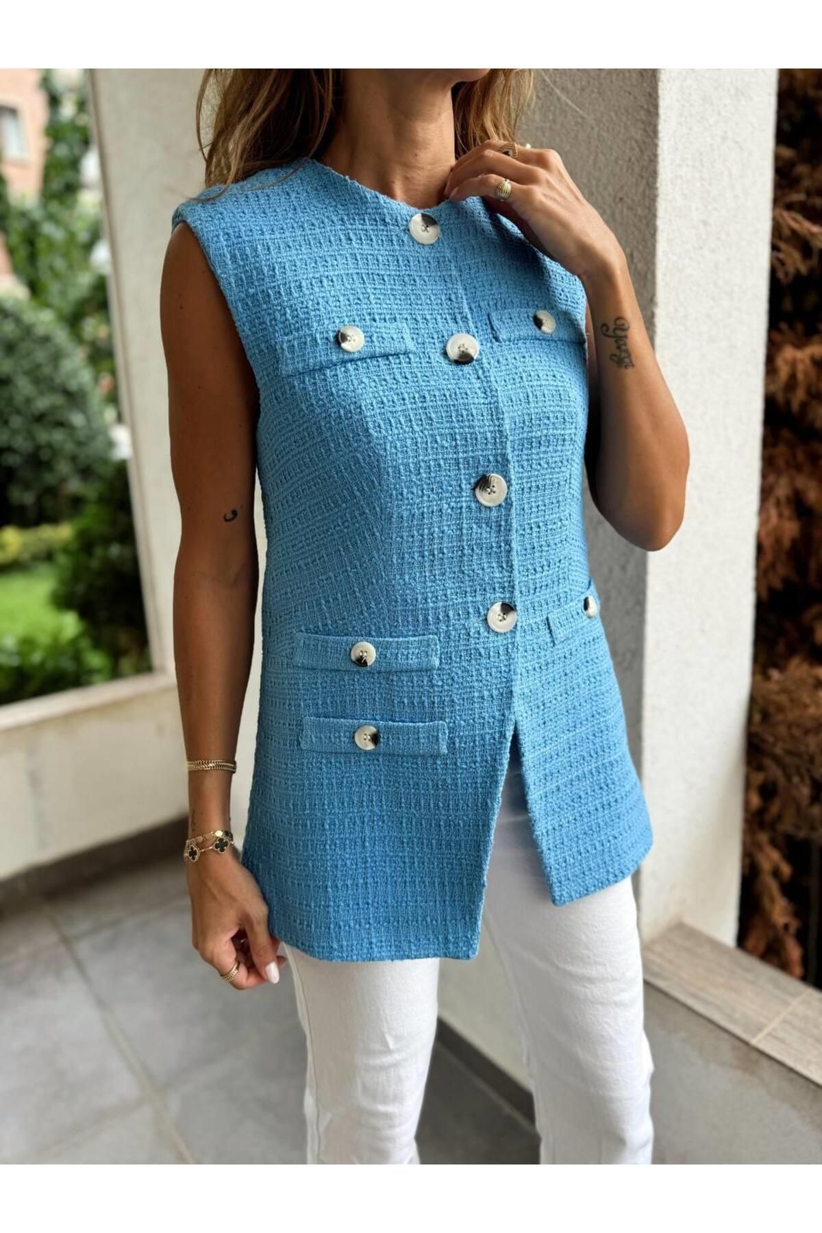 Maldia Shop-Női tweed szövet hosszú, kék szabású mellény 4