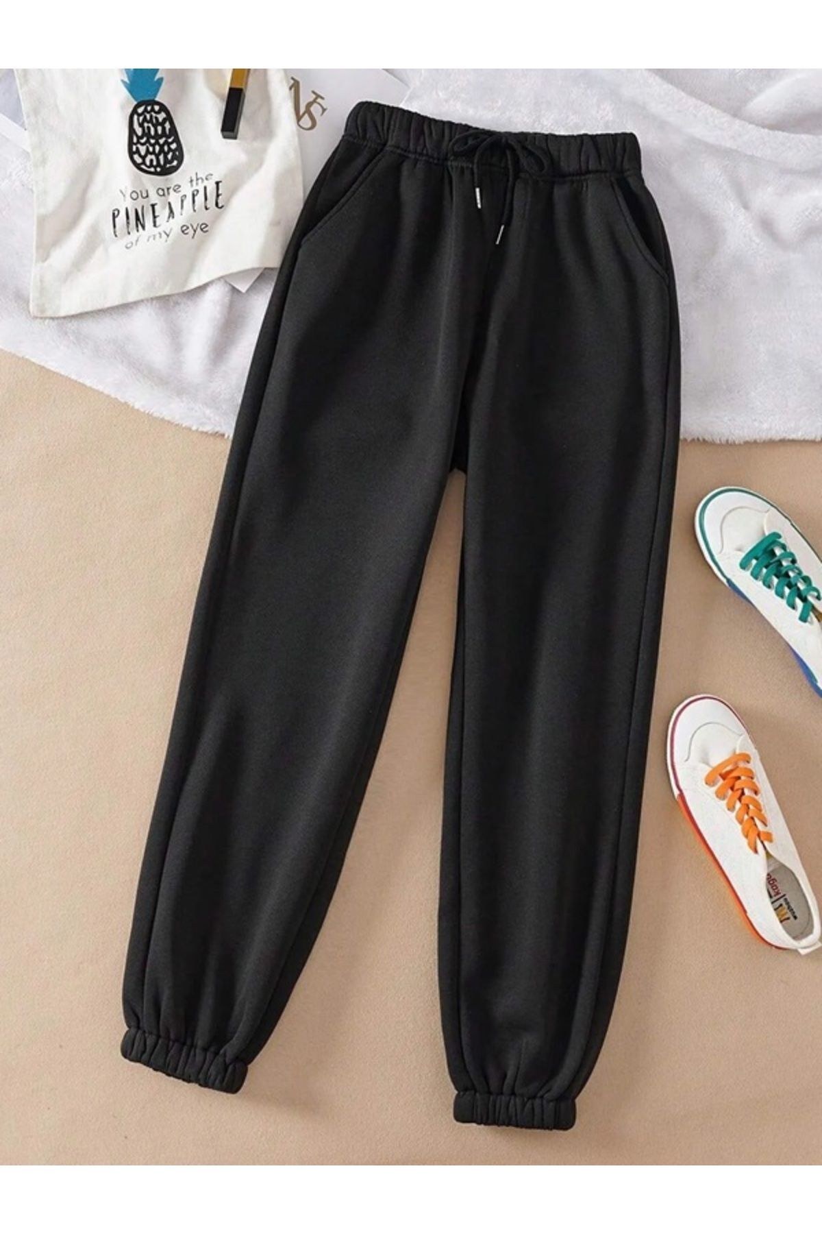 pantalon de jogging unisexe à taille plate avec poches élastiques aux poignets