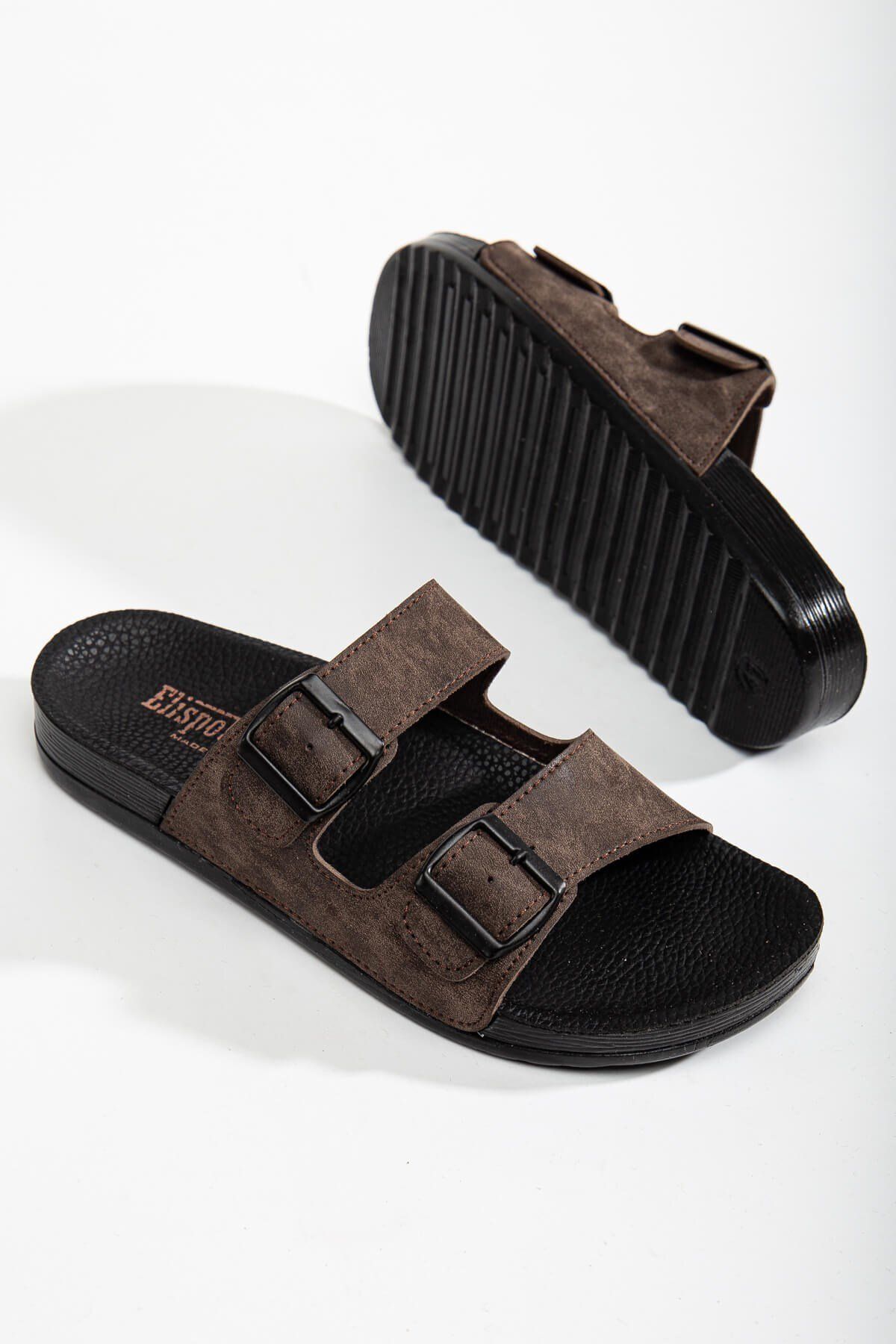 Ccway-Men's 2 Buckle Belted Slippers Brown 3