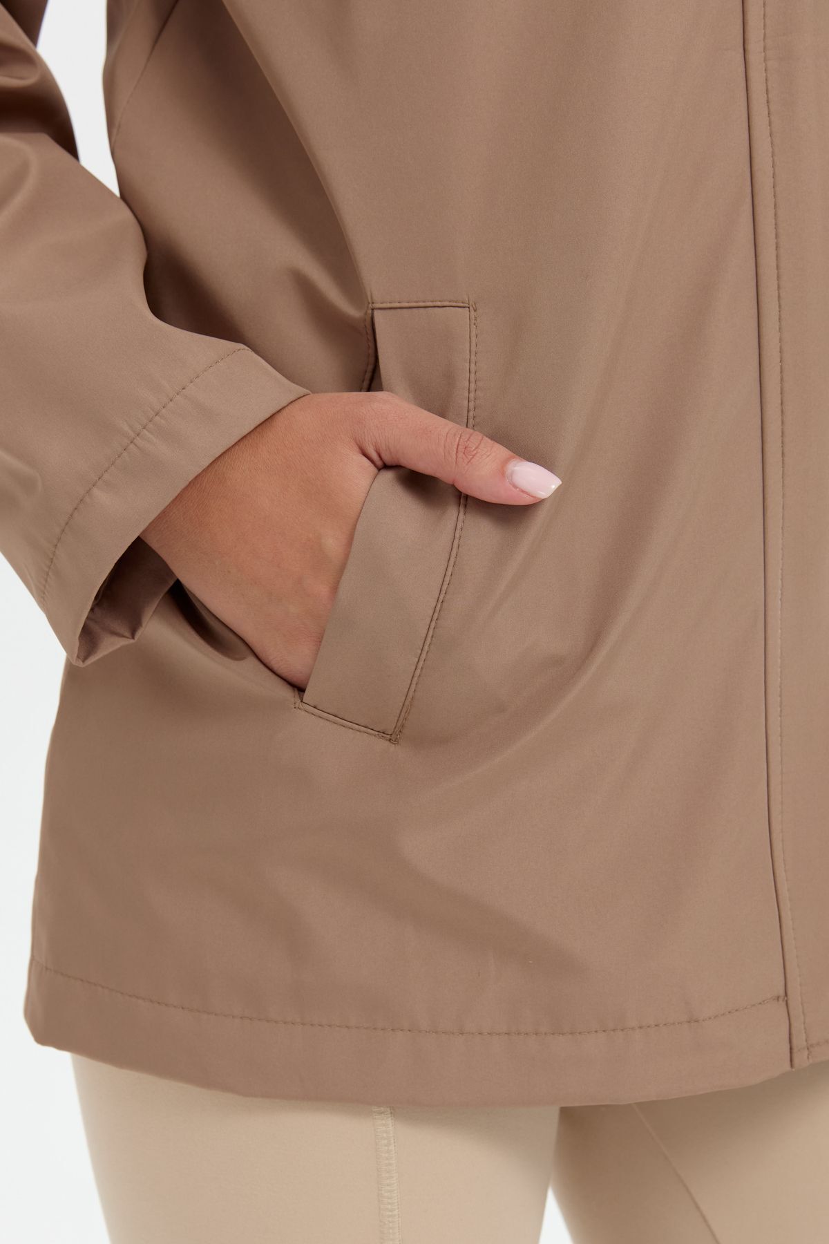 Desen Triko-Trench scurt pentru femei Mink cu glugă - Buzunare laterale 5