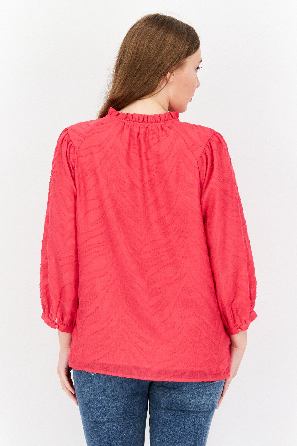 Vince Camuto-Women Tie Neckline 3/4 Sleeves Textured Top, Dark Pink 2