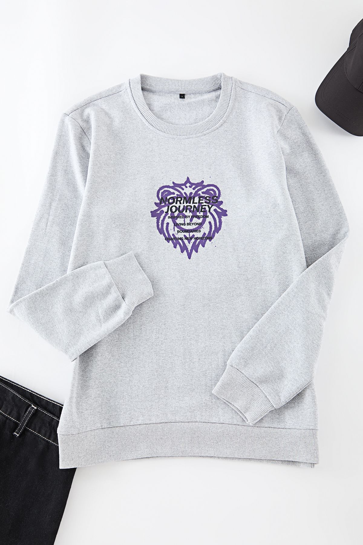 Edit by Trendyol-Unisex šedá teplá mikina s výstřihem - Regular Cut Tedaw25Sw00035 2