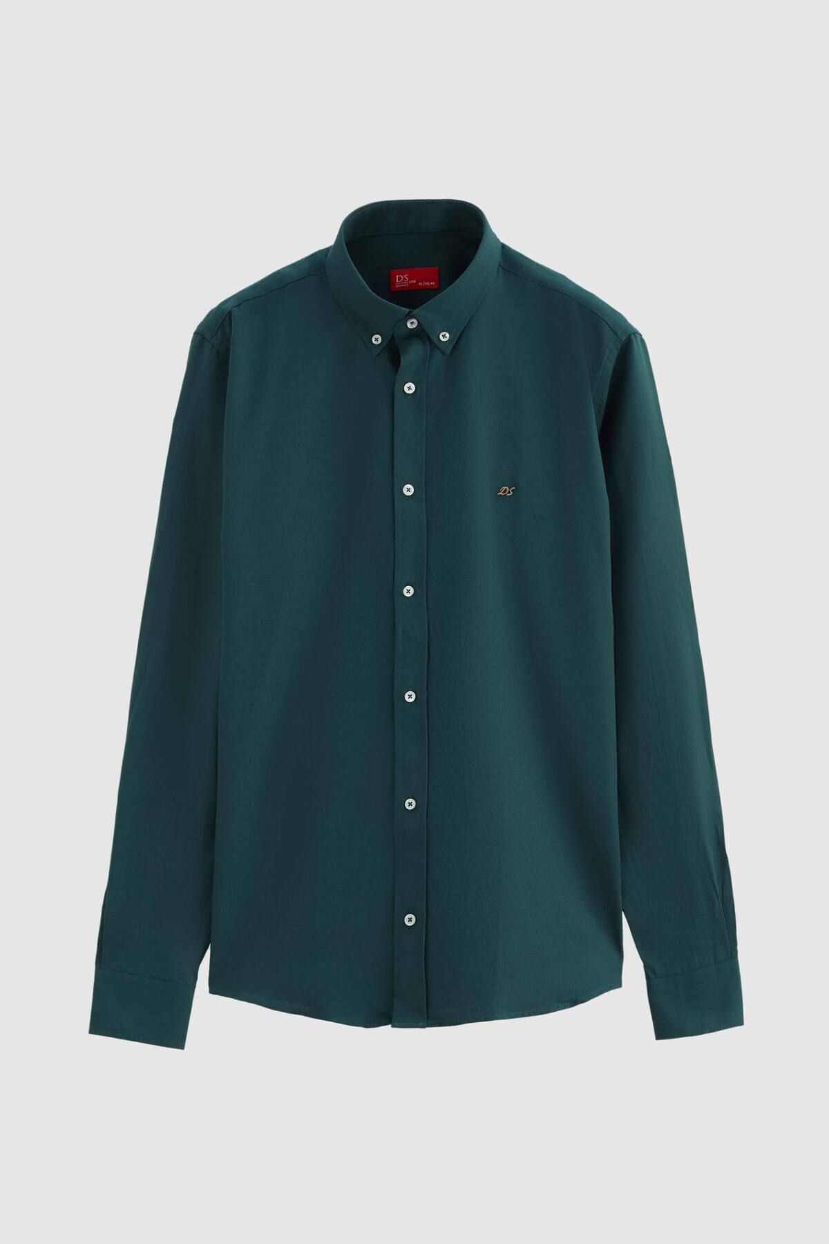 Ds Damat Slim Fit Yeşil Oxford Düğmeli Yaka Kolay Ütülenebilir Nakış Detaylı Pamuklu Gömlek