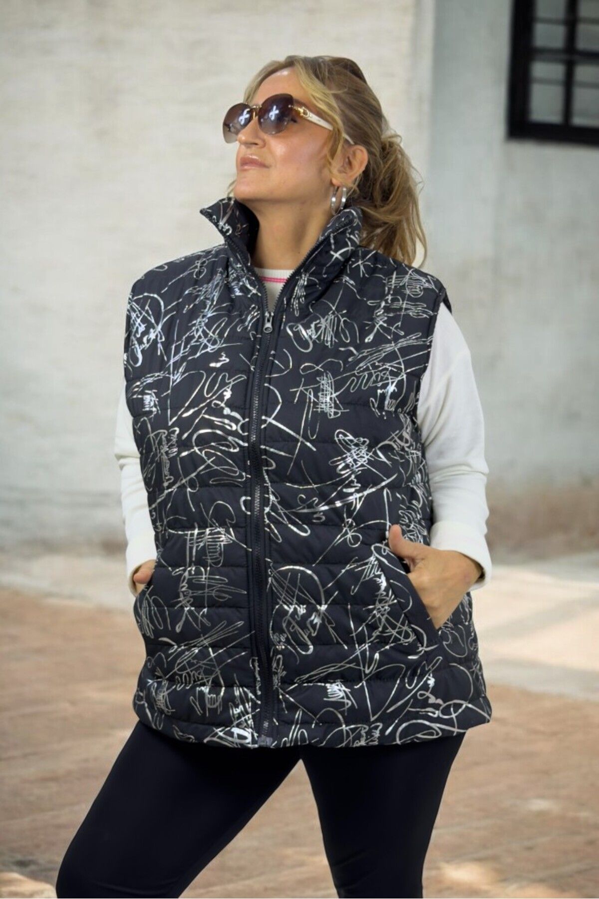 yagmurberen-Signature Patterned Quilted Large Size Sleveless Puffy Vest Jacket 3