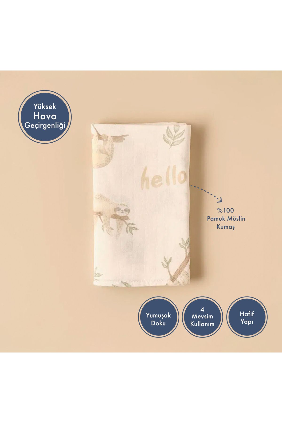 Bella Maison %100 Pamuk Sloth Müslin Pike Bej (90x100 cm) fotoğrafı 2 (önizleme)