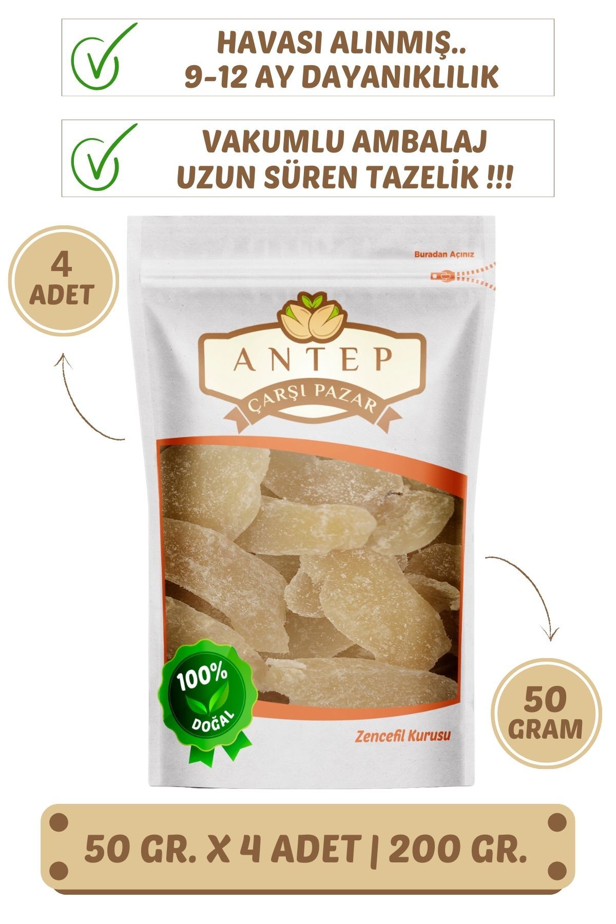 Zencefil Kurusu Meyve Kurusu | 50 Gr. X 8 Adet | VAKUMLU AMBALAJ