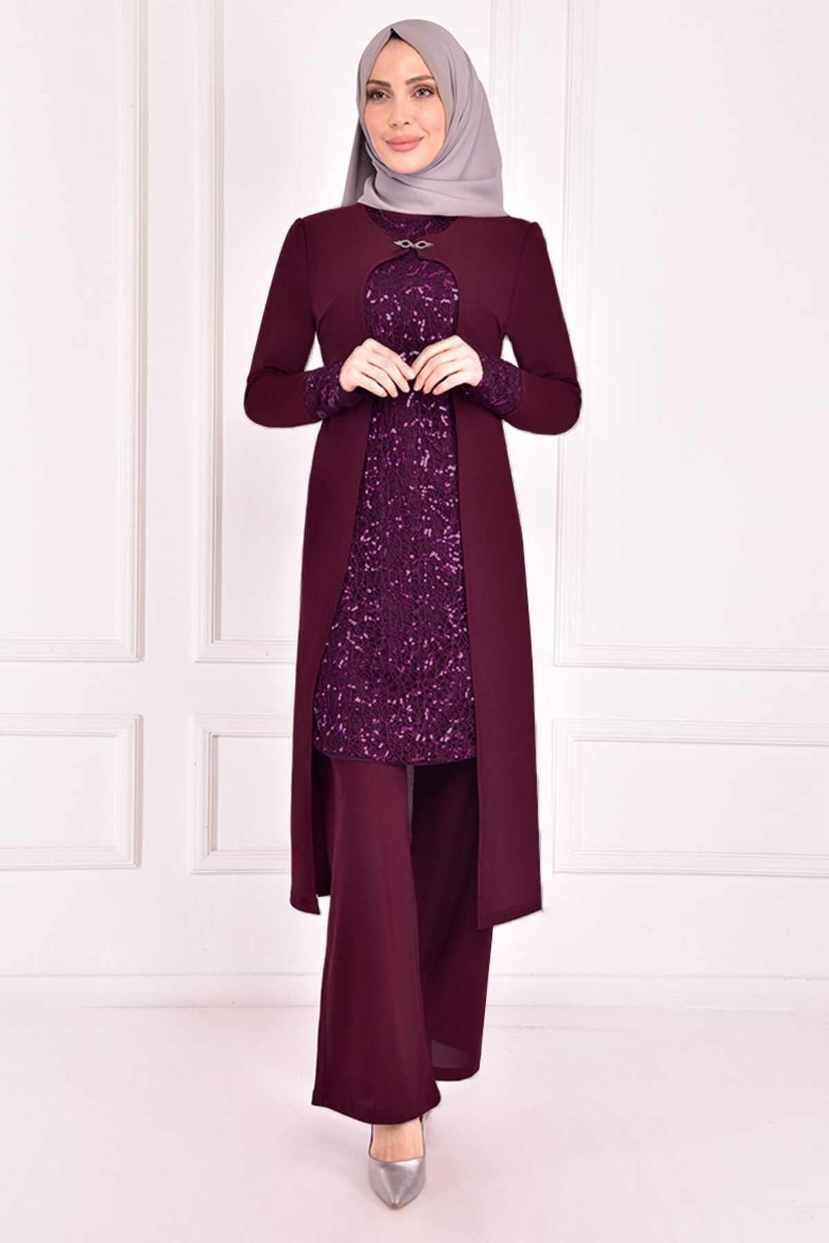 ModaMerve-Asm2180 Model Sequin Combination Plum 2