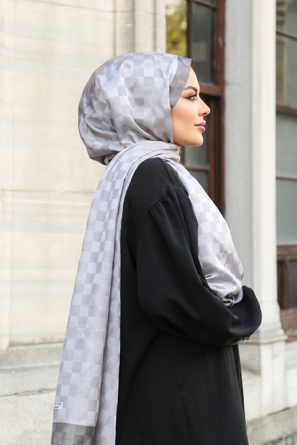 Hint İpek-Checkerboard Patterned Monogram Shawl Monov03-43 3