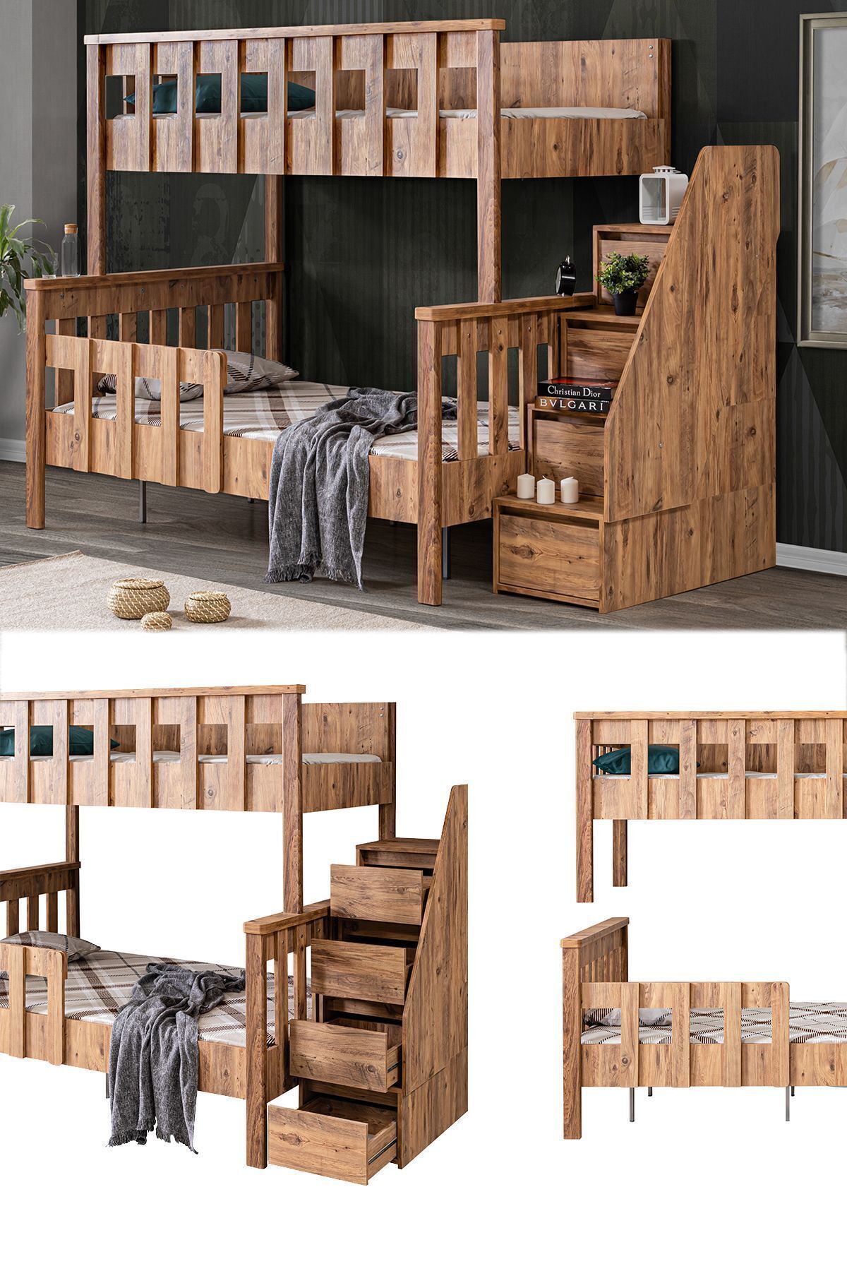 Mdf Profile Bunk Bed, Deluxe Detachable Bunk Bed - Walnut