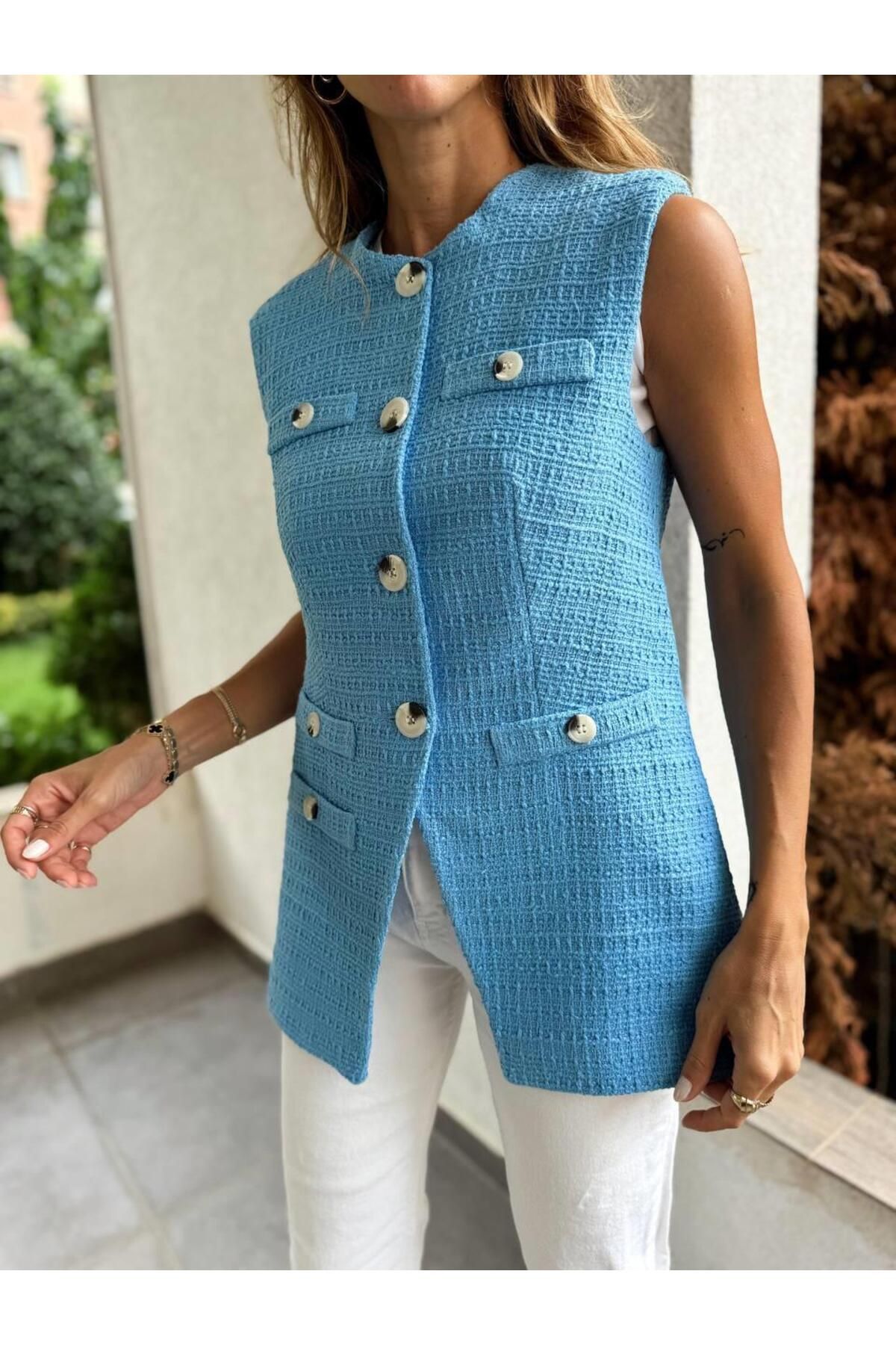 Maldia Shop-Női tweed szövet hosszú, kék szabású mellény 5