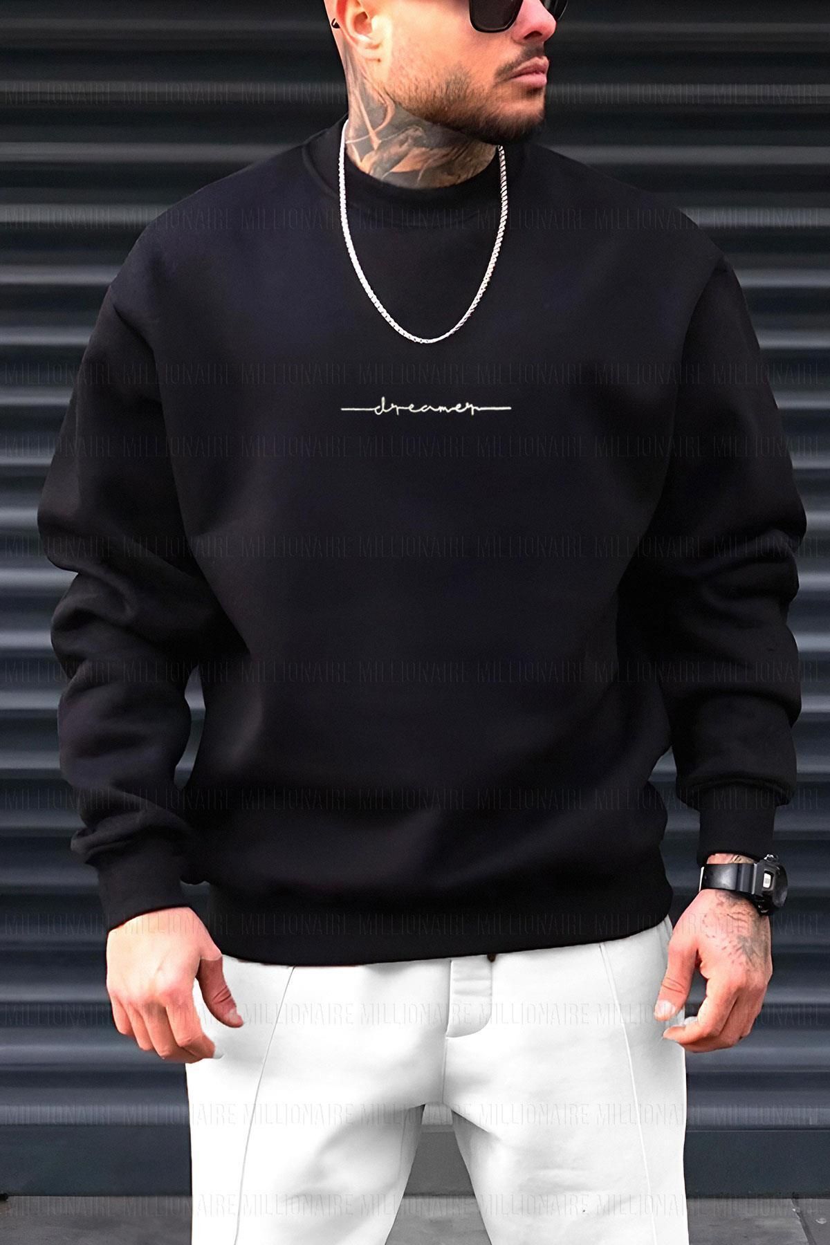 Pink Sky Erkek Siyah Dreamer Baskılı 0 Sıfır Yaka Oversize Salaş Bol Kesim Polar Sweatshirt