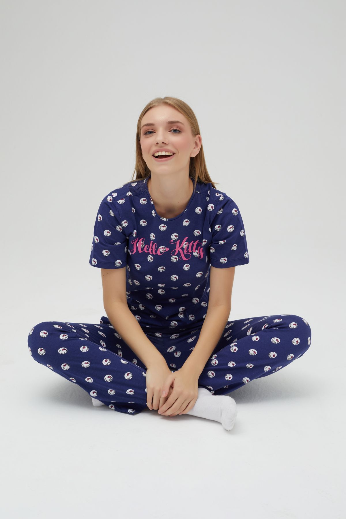 Hello Kitty-Licensed Printed Navy Blue Women's 100% Cotton Wide Leg Sweatpants-Pyjama-Pants Roz-254/A 3
