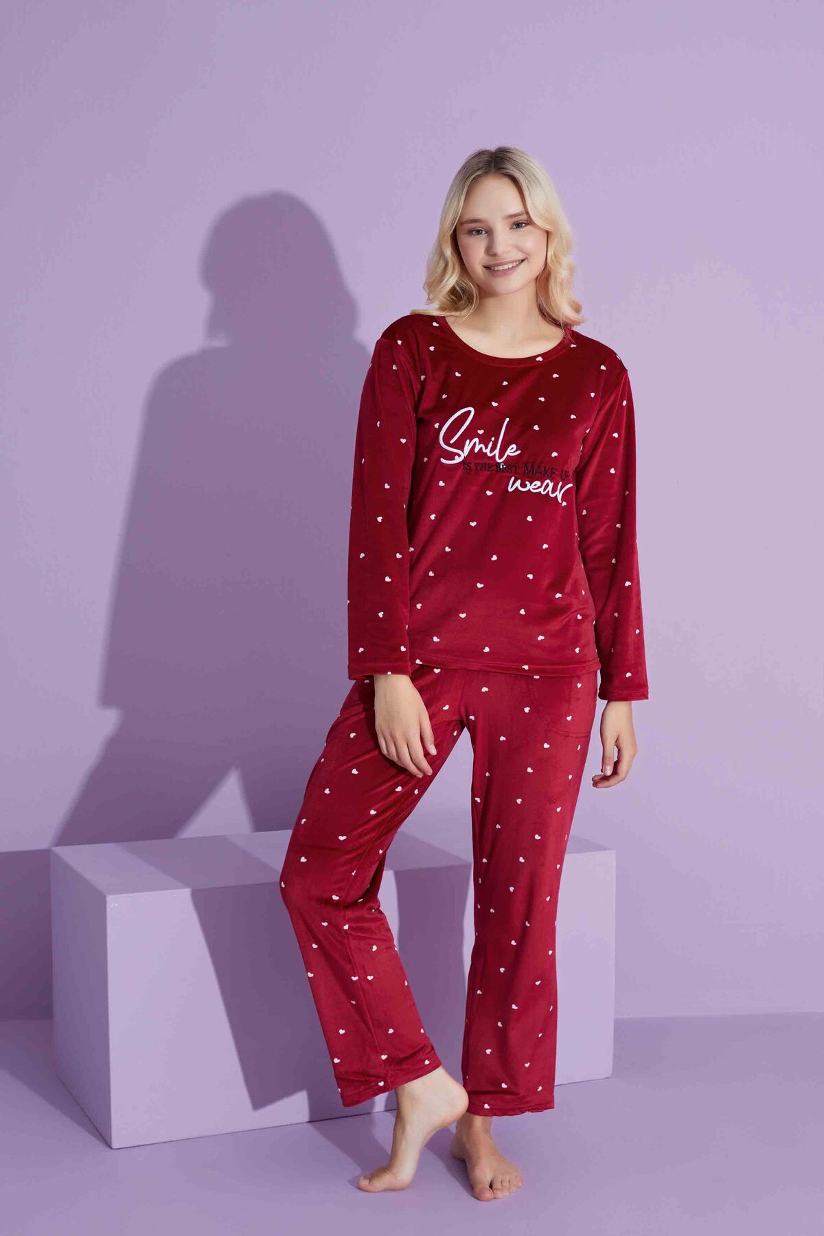 Tarık-Women's Heart Patterned Long Sleeve French Velvet Fabric Winter Warm Pajamas Set 2