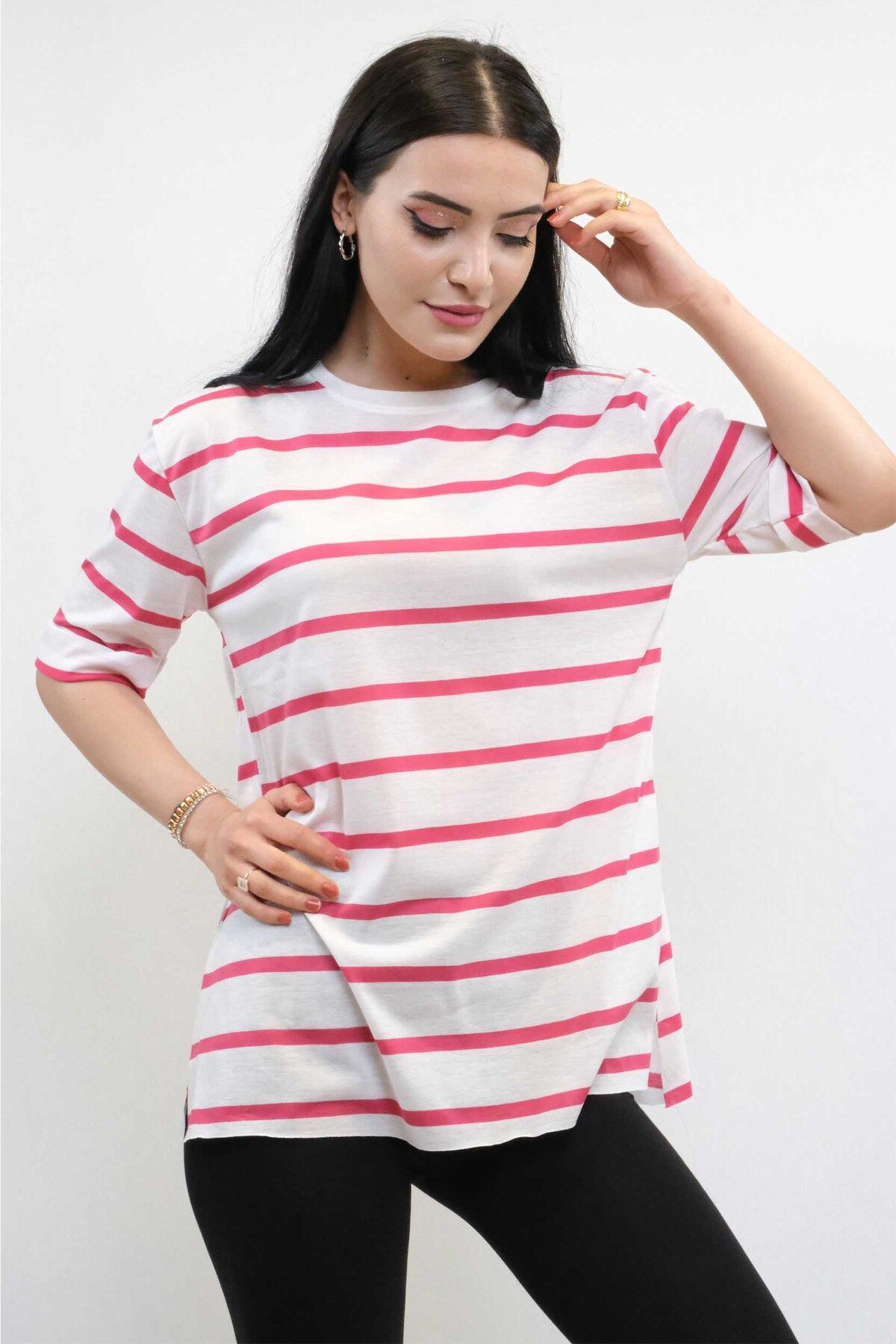 COXO Fashion`S Striped Combed Cotton Tshirt Pink