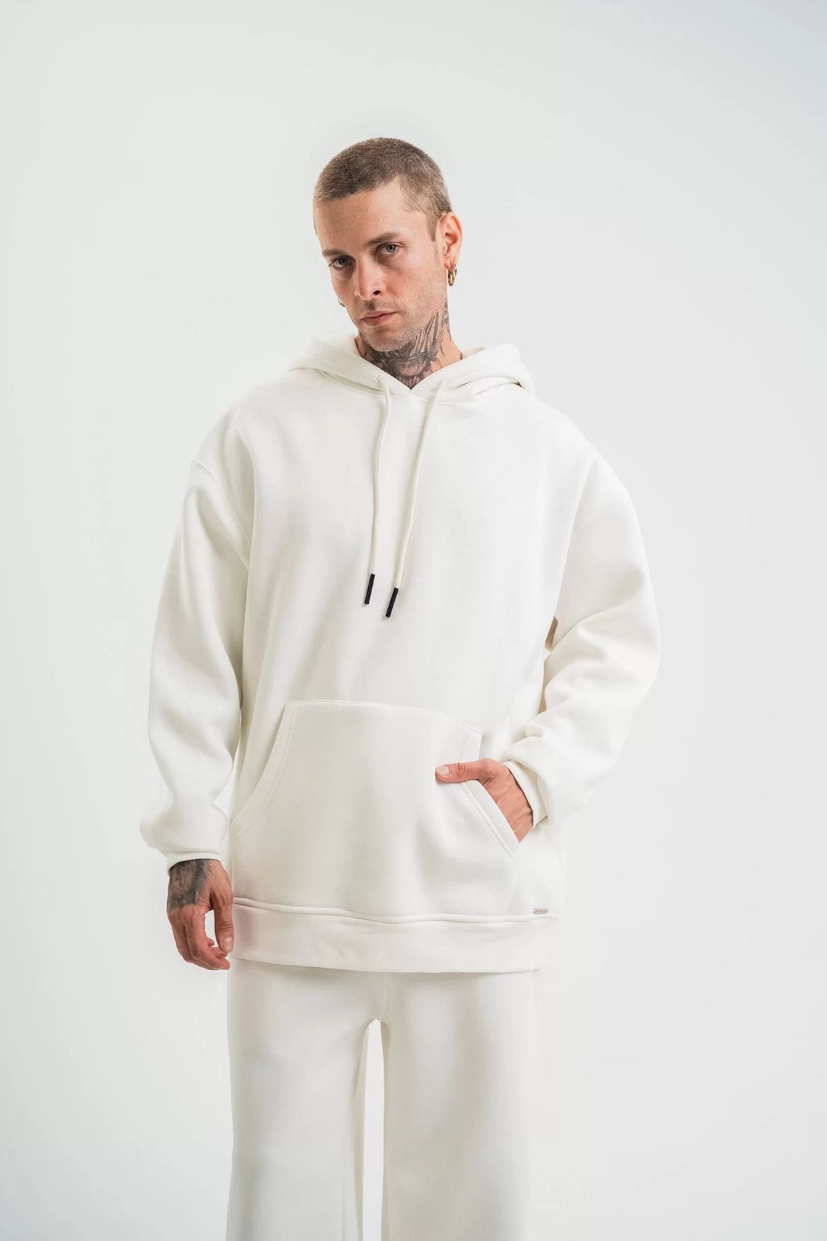SA Alişveriş Dünyam Unisex Double Oversize Kapşonlu Basic SweatShirt - Beyaz