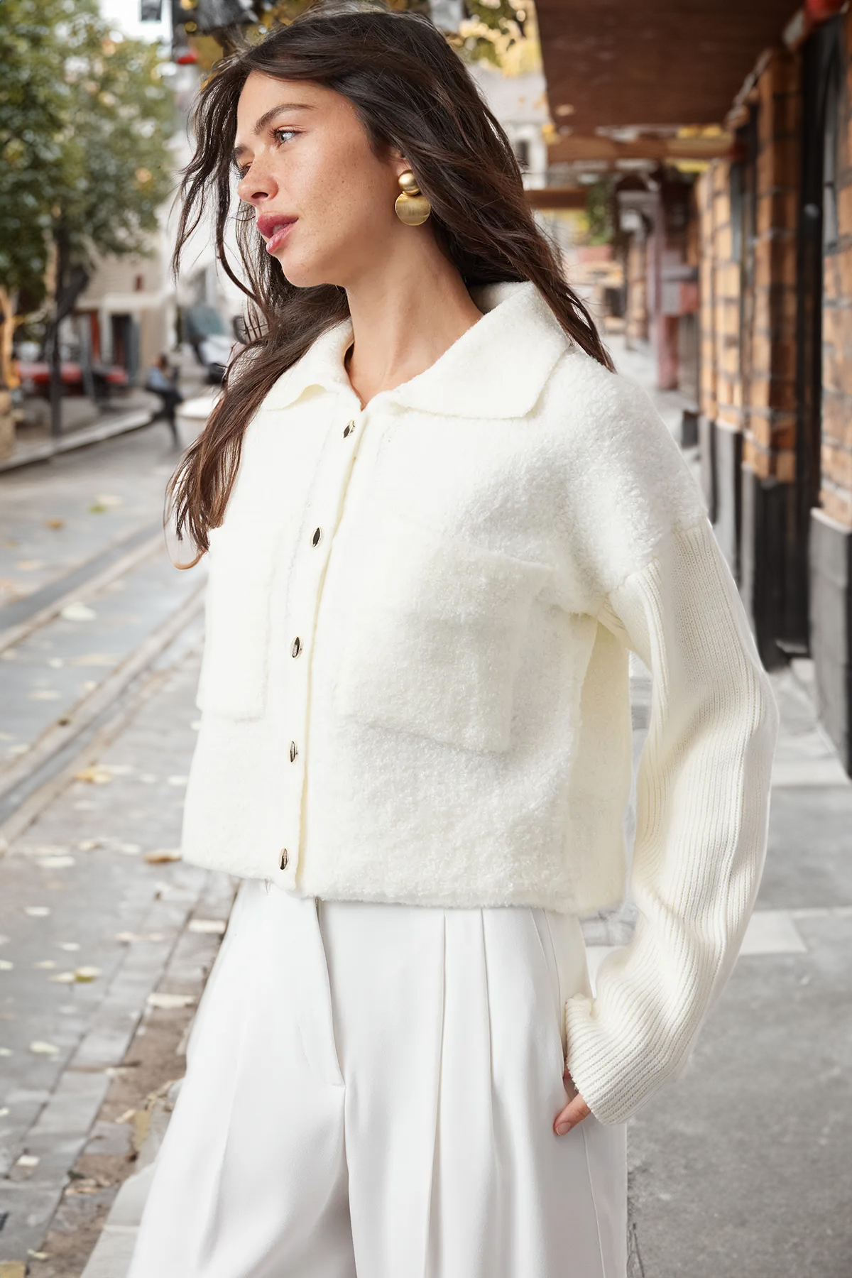 Trendyolmilla  Kemik Yumuşak Dokulu Polo Yaka Mont Görünümlü Triko Hırka TWOAW25HI00076