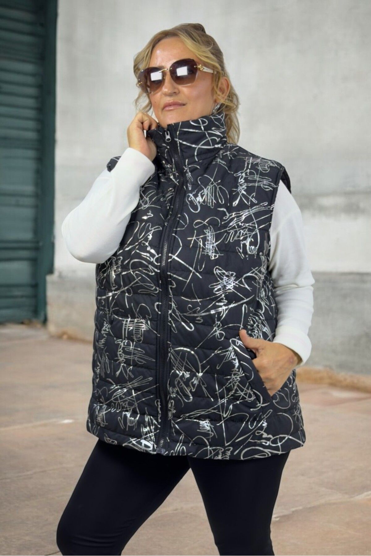 yagmurberen-Signature Patterned Quilted Large Size Sleveless Puffy Vest Jacket 5