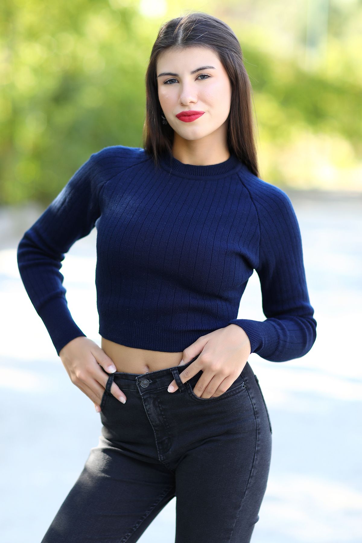 Women's Navy Blue Corded Crop Knitwear Sweater Short Model Acrylic Fabric with Rib - 3122